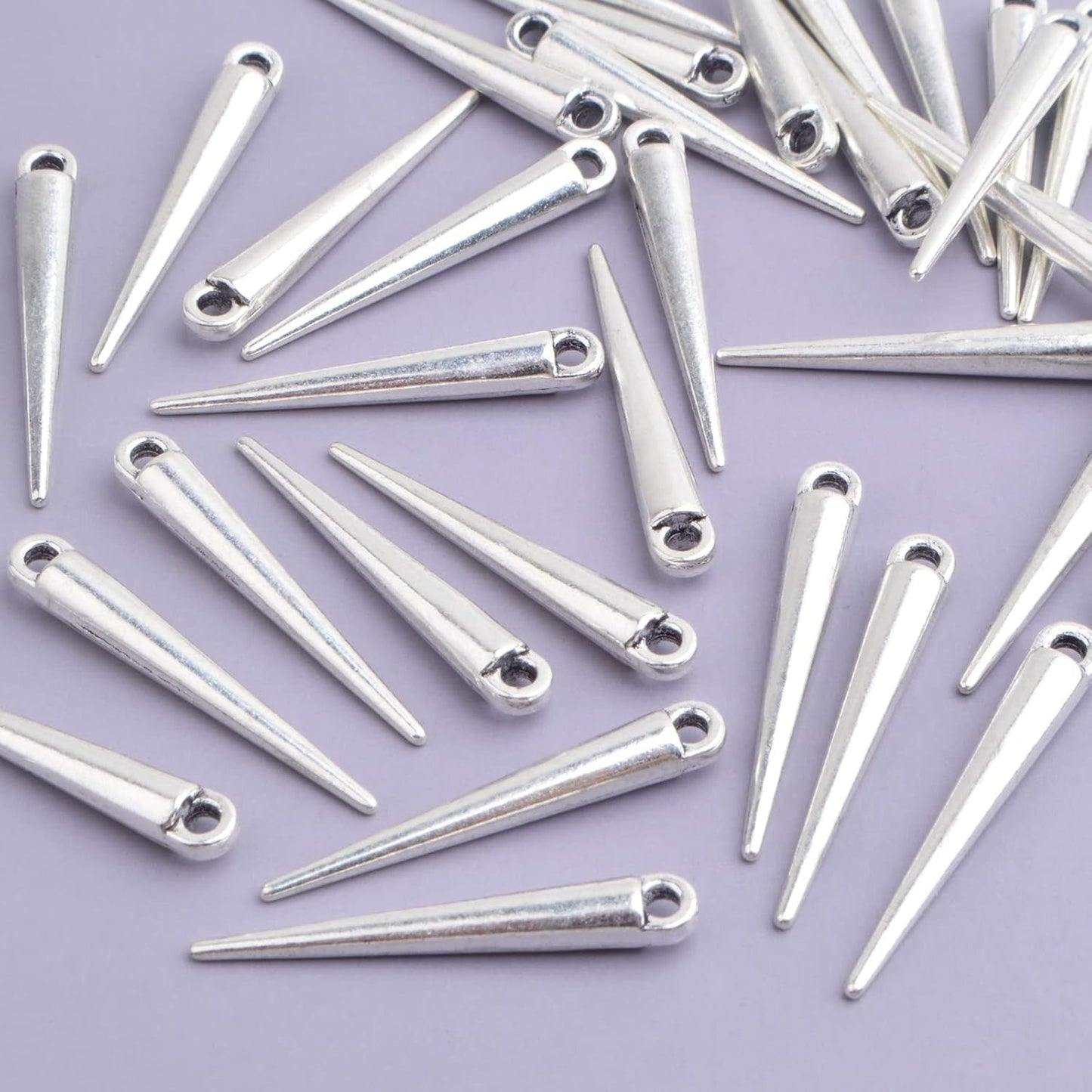 50pcs Antique Silver Spike Bead Pendants Tibetan Alloy Long Bullet Spike Charms Vintage Cone Shape Dangle Pendants for DIY Necklace Earrings Jewelry Making Supplies