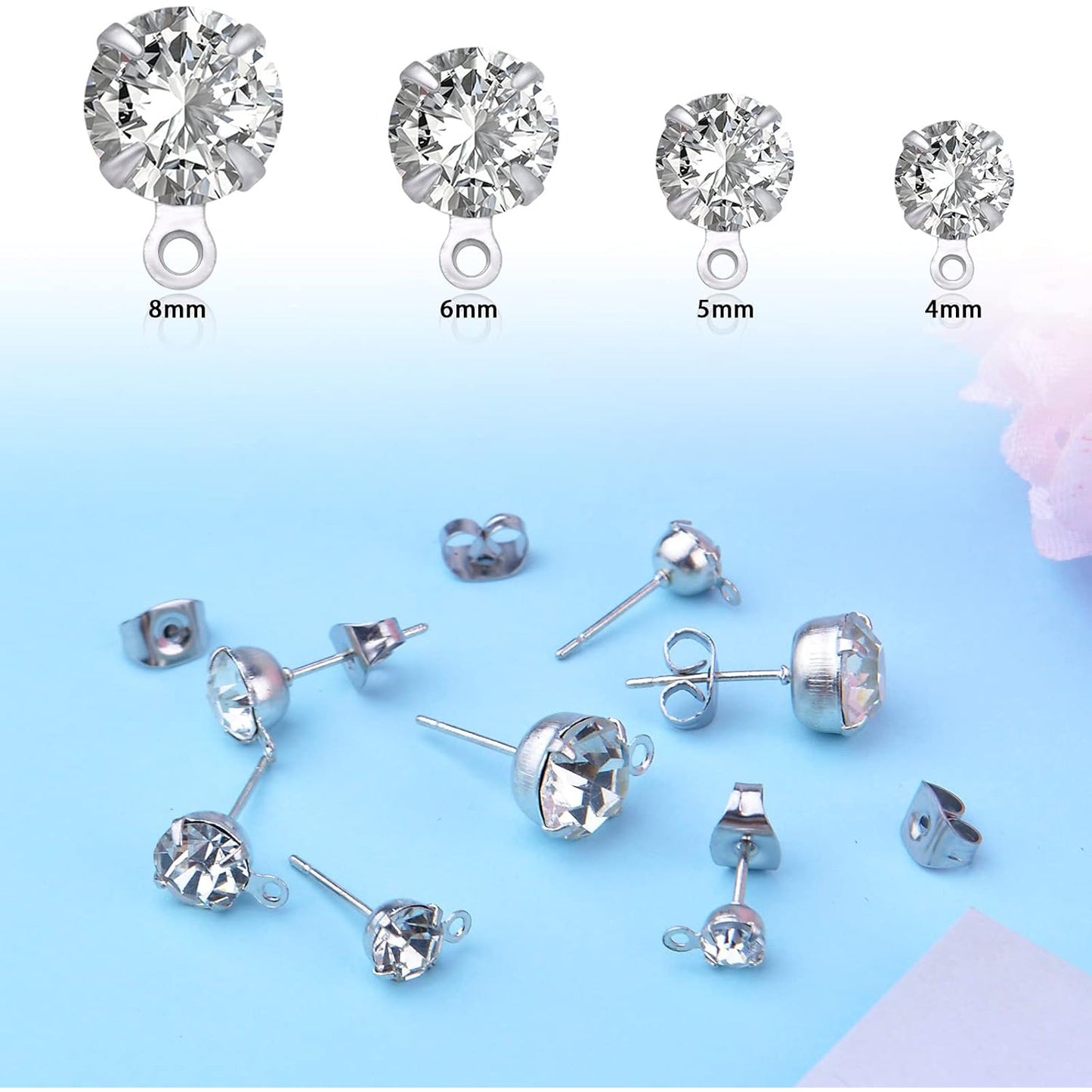 80pcs 4mm/5mm/6mm/8mm Rhinestone Earrings Posts with Loop Hypoallergenic Metal Earrings Studs and 80pcs Butterfly Earring Backs for DIY Dangle Earrings Design Jewelry Making, Silver