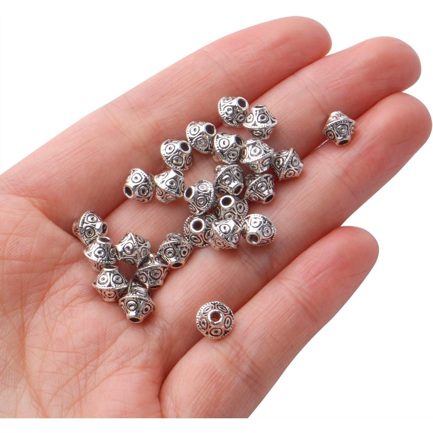 100pcs Antique Silver Flying Saucer Shape Spacer Bead Tibetan Alloy Bicone Beads Spacers Loose Spacers Jewelry Spacer Bead for DIY Jewelry Making Crafts Supplies
