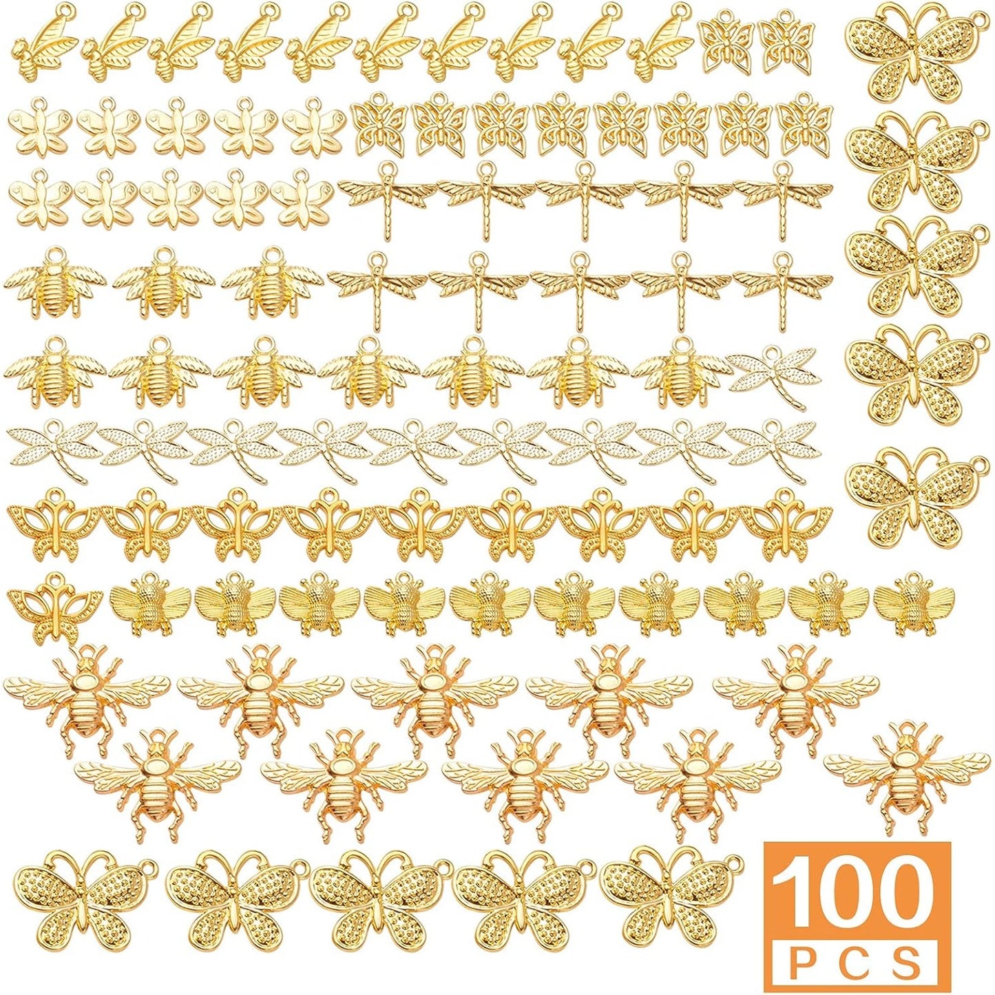 100pcs Gold Plated Mixed Butterfly Dragonfly Honeybee Charms Alloy Insect Dangle Pendants Craft Supplies for DIY Necklace Bracelet Jewelry Making Findings Accessory, 10 Styles