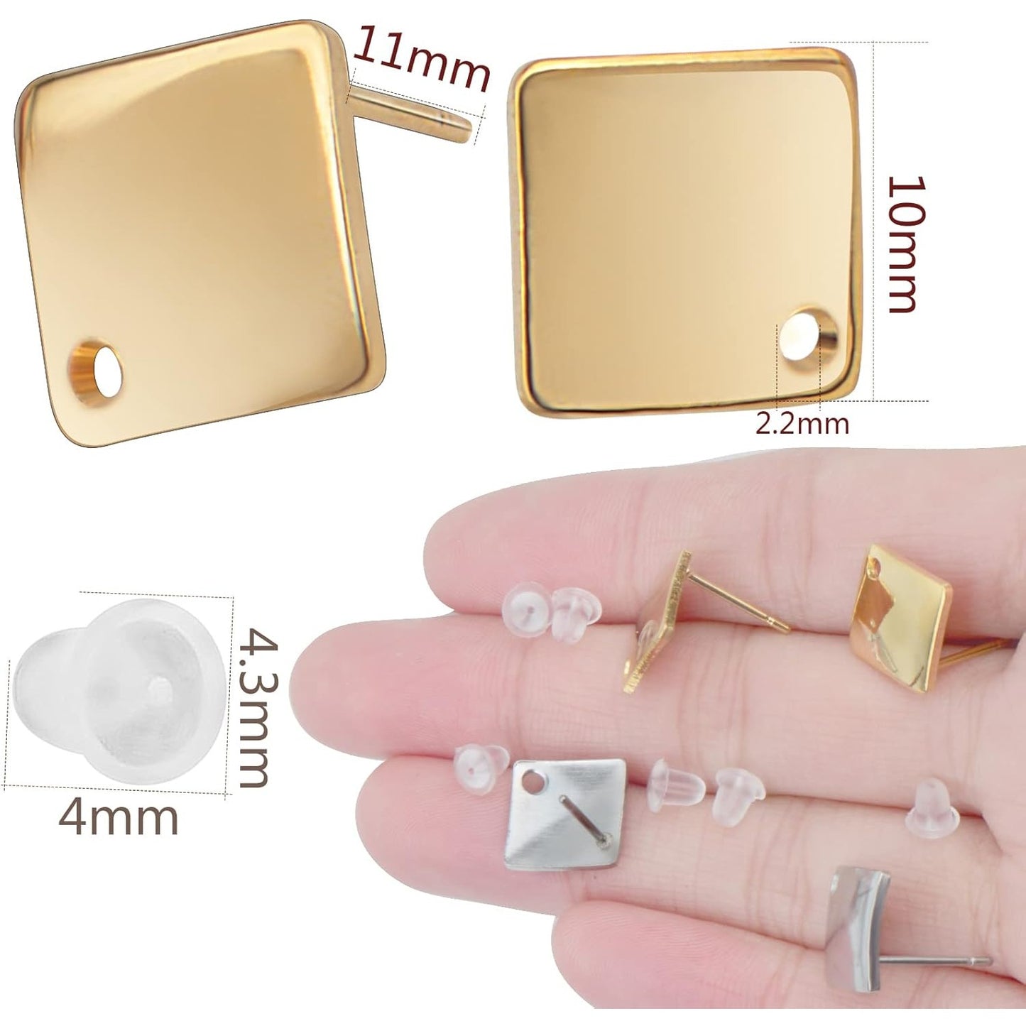 20pcs 2 Colors Rhombus Stud Earrings Stainless Steel Square Ear Studs Earring Post with Loop and 20pcs Silicone Earring Backs Replacements for Jewelry Making Supplies