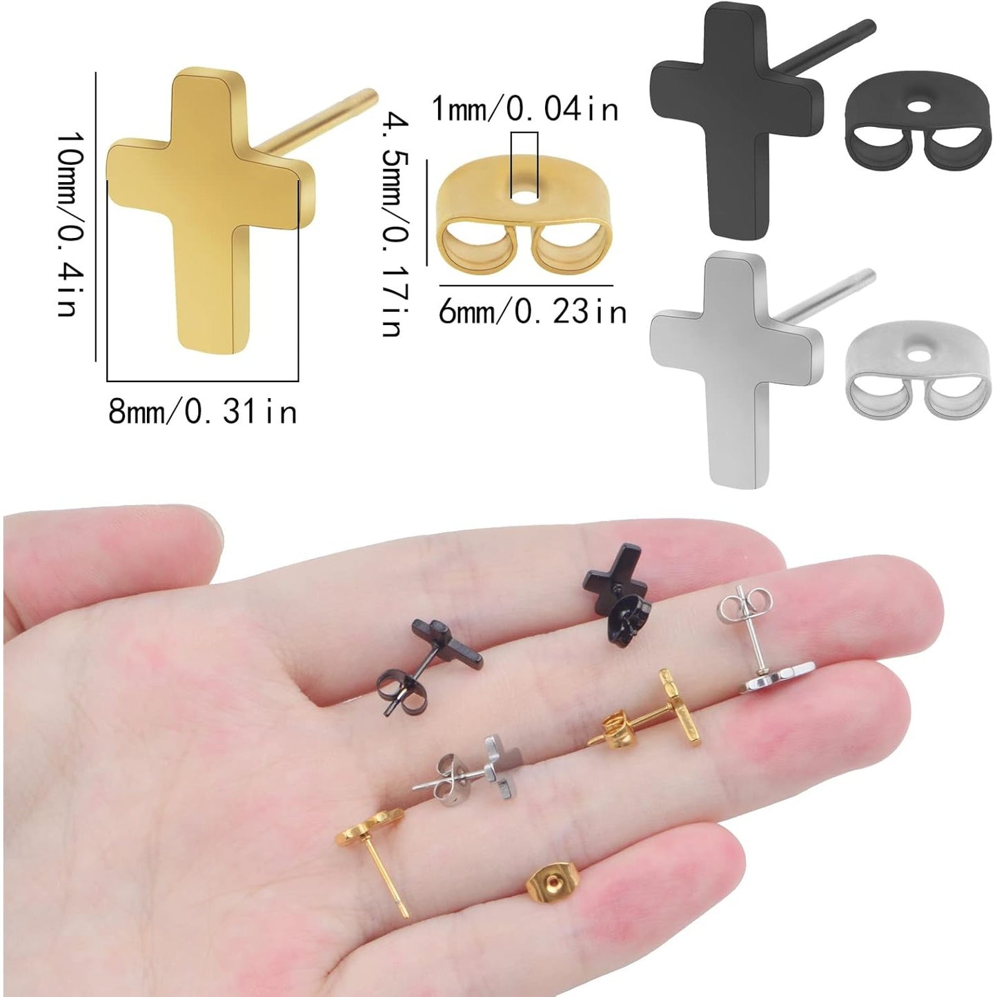 3 Pairs Hypoallergenic Tiny Cross Stud Earrings Stainless Steel Religious Cross Crucifix Shape Earrings Set for Women Men DIY Jewelry Making, 3 Colors
