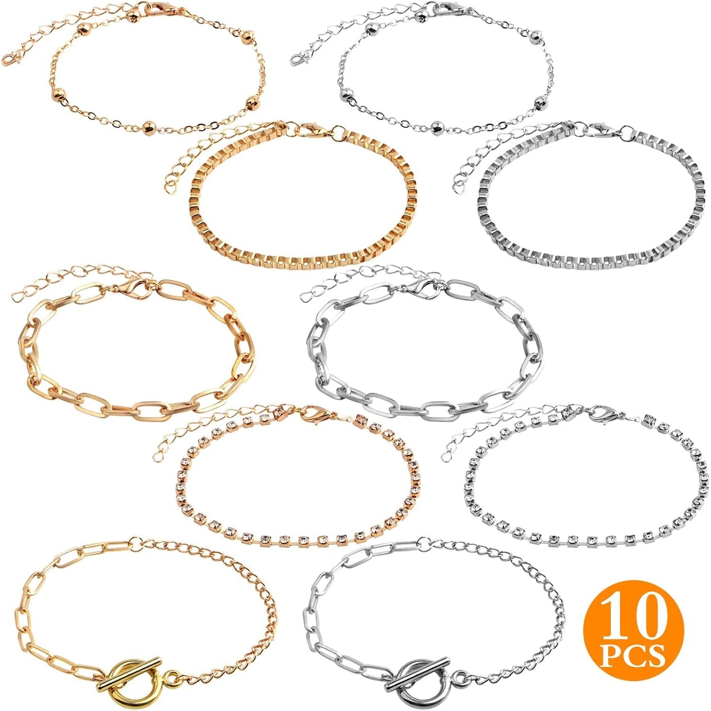 10pcs Adjustable Bracelet Chains with OT Toggle Clasp Lobster Clasps Alloy Bracelet Links with Rhinestone Extender Chains for Women DIY Jewelry Making Craft Supplies, 5 Styles