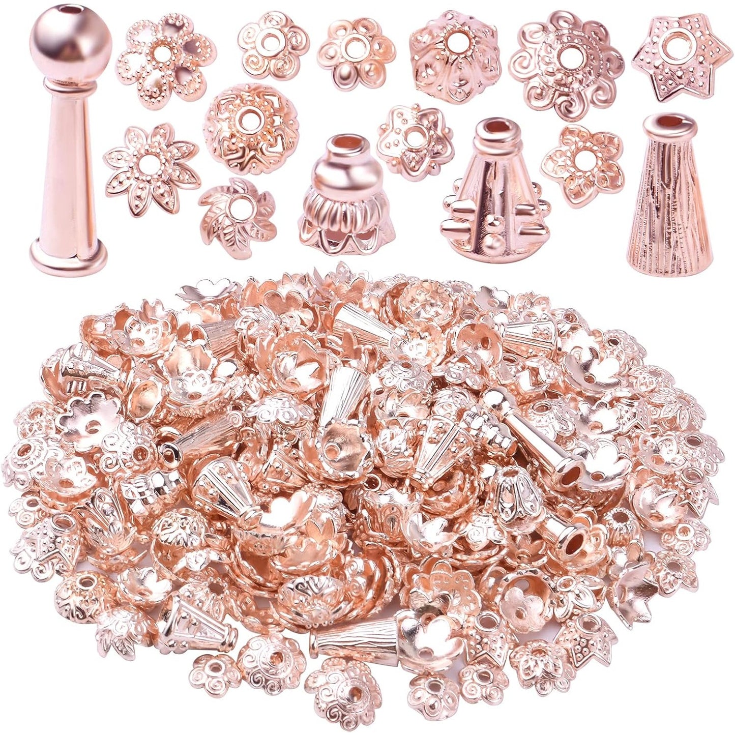 100g Rose Gold Mixed Styles Flower Bead End Caps Flower Spacer Beads Jewelry Making for DIY Necklace Bracelet Earrings Crafts Handmade Decoration