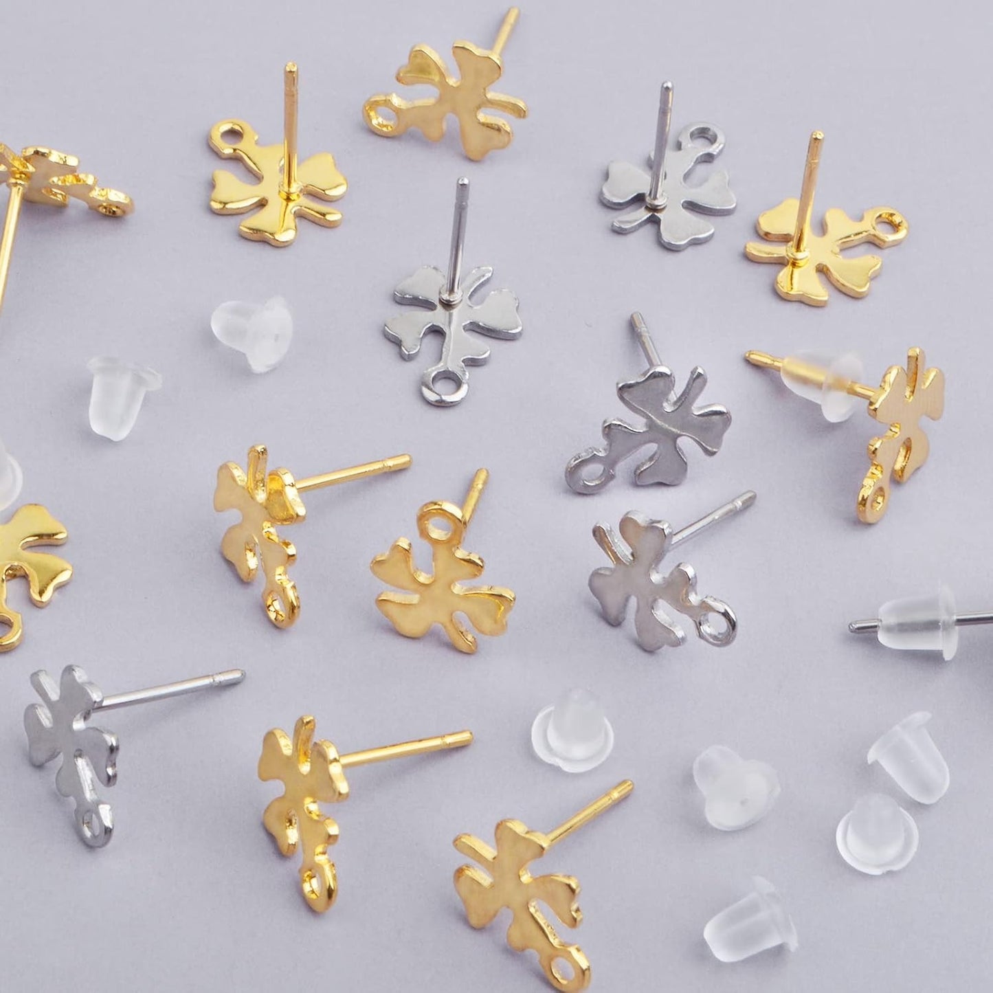 20pcs Stainless Steel Earring Posts with Loop Four Leaf Clover Stud Earrings and 20pcs Silicone Clear Earring Backs for Women DIY Jewelry Making Supplies Gifts, 2 Colors
