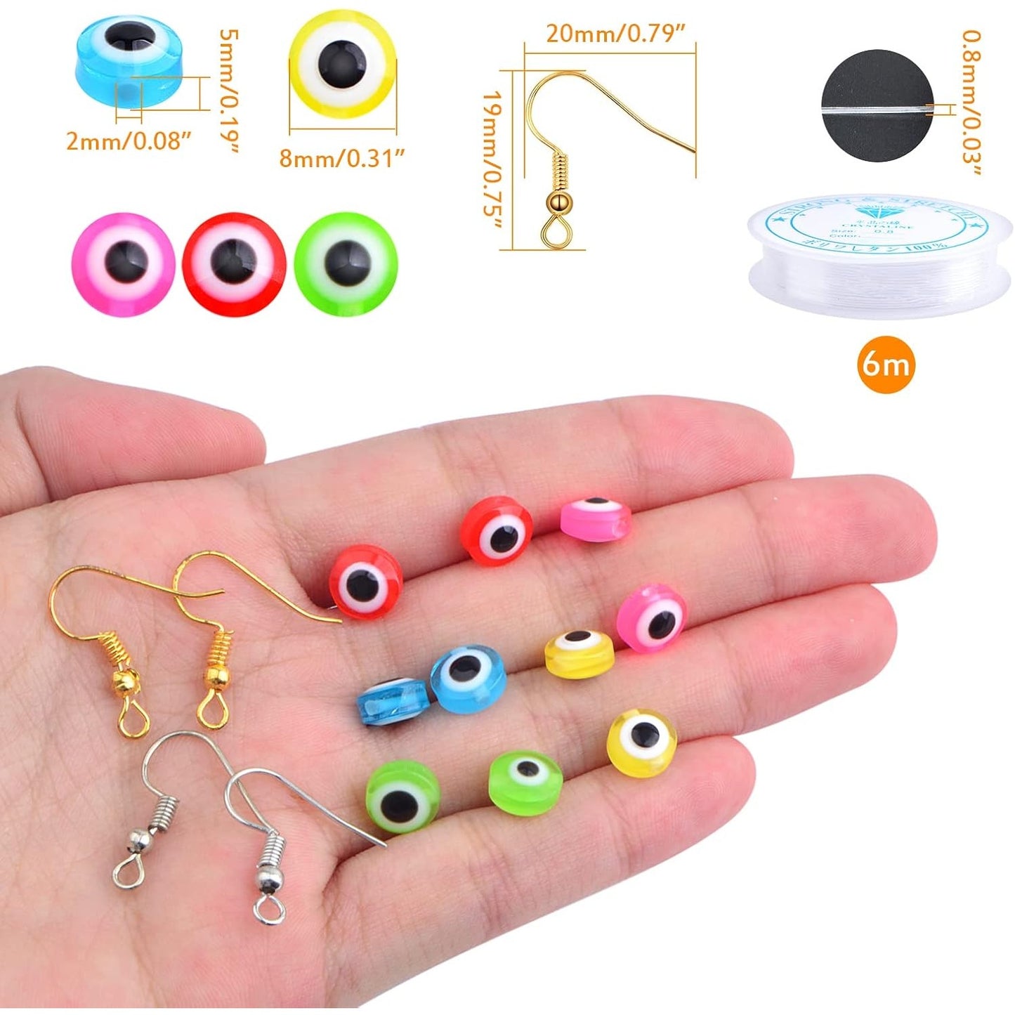 250pcs 8 mm Colorful Evil Eye Beads Round Resin Evil Eye Beads with 100pcs French Earring Hooks and 2 Roll of Crystal Thread Kits for DIY Bracelet Earrings Jewelry Making Findings