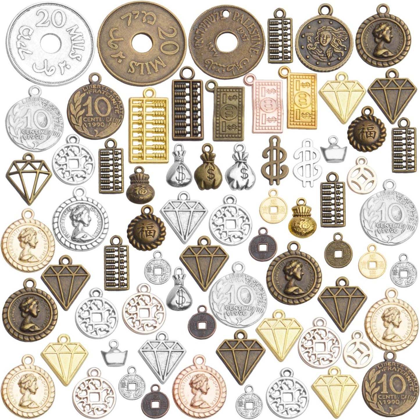 Coins Charms Jewelry, 100g(About30-70pcs) Retro Coins Cash Charms Bulk Craft Supply Mixed Shape Metal Alloy Pendants Fashion Accessories for DIY Jewelry Making