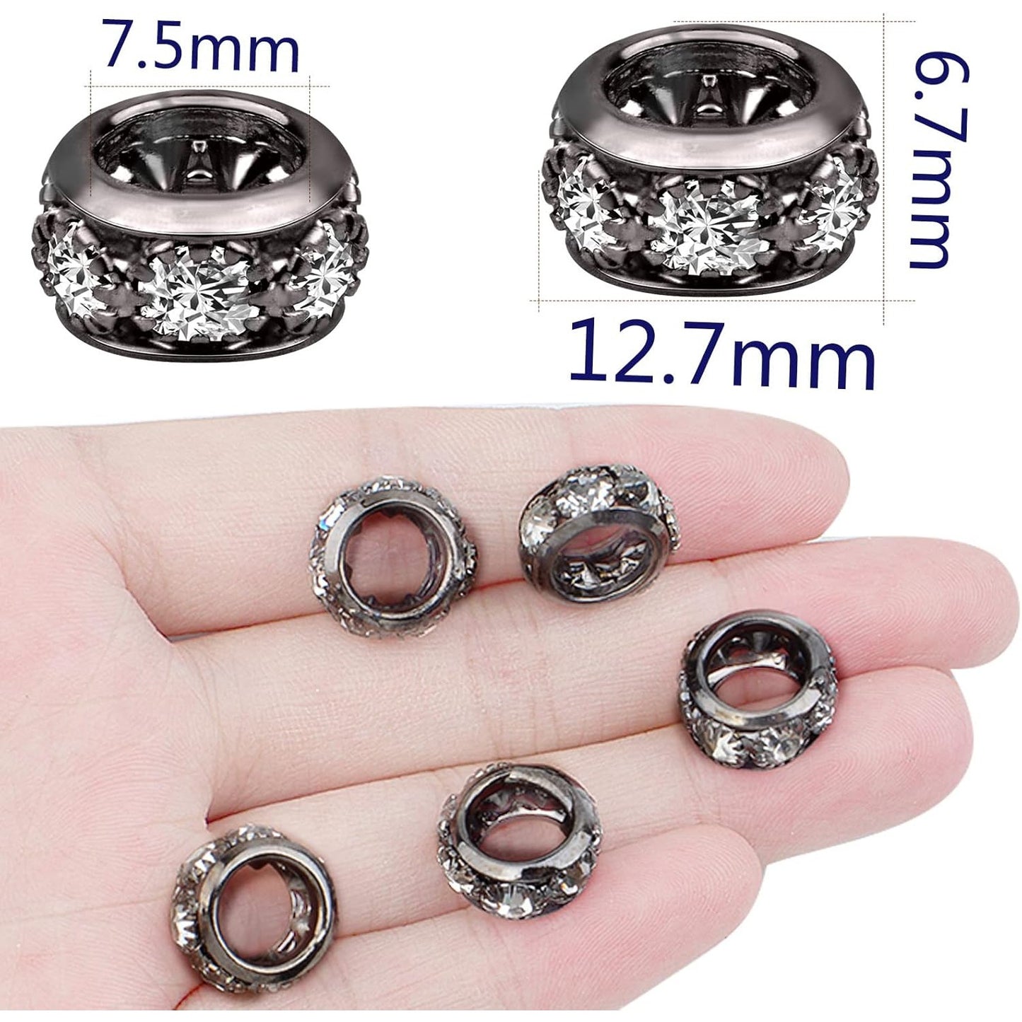 40pcs Large Hole Rhinestone Spacer Beads European Crystal Rondelle Loose Beads Handmade Accessories for DIY Bracelet Snake Chain Jewelry Making Supplies, Gun Black
