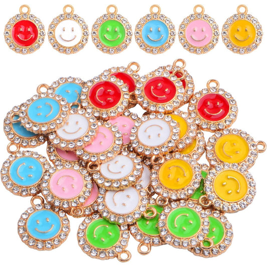 30pcs Enamel Smiley Face Charms Alloy Happy Smiling Face Dangle Pendants with Rhinestone Jewelry Findings for DIY Bracelet Necklace Earrings Crafts Decor, 6 Colors