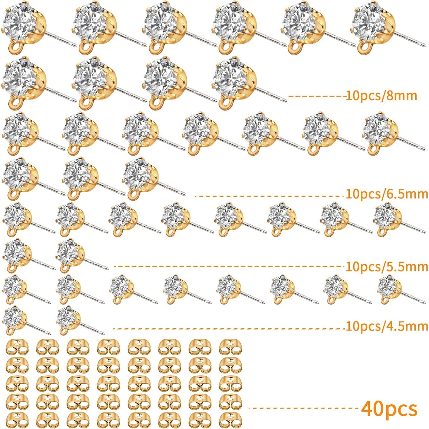 40 Pieces Cubic Zirconia Earring Posts with Loop Golden Rhinestone Earring Studs and 40 Pieces Butterfly Earring Safety Backs for DIY Jewelry Making, 4 Sizes