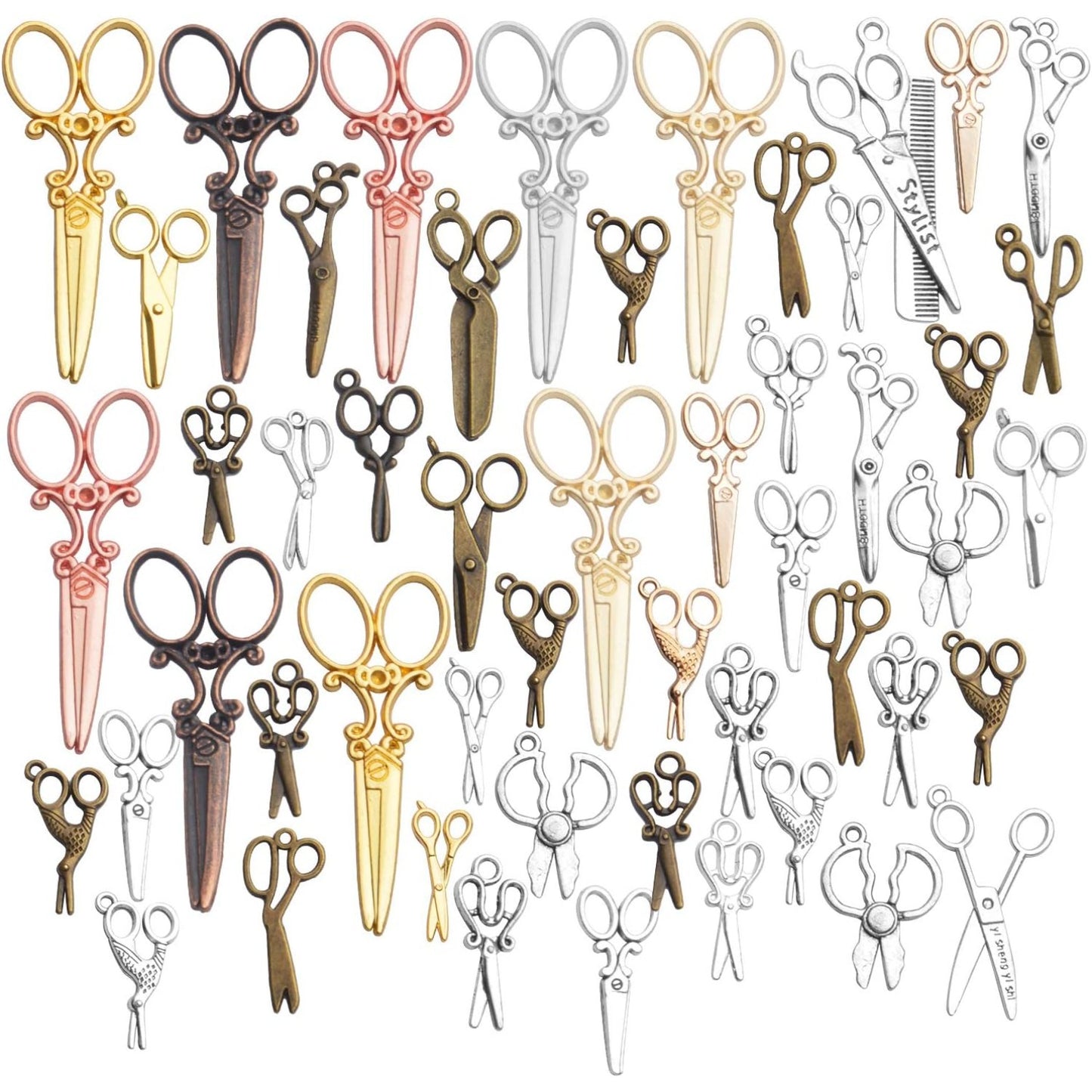 Scissors Charms Collection, 100g(About 40-60pcs) Mixed Alloy Scissors Pendants Tool Charms Set for DIY Necklace Bracelet Making Crafting, 1.5-7cm