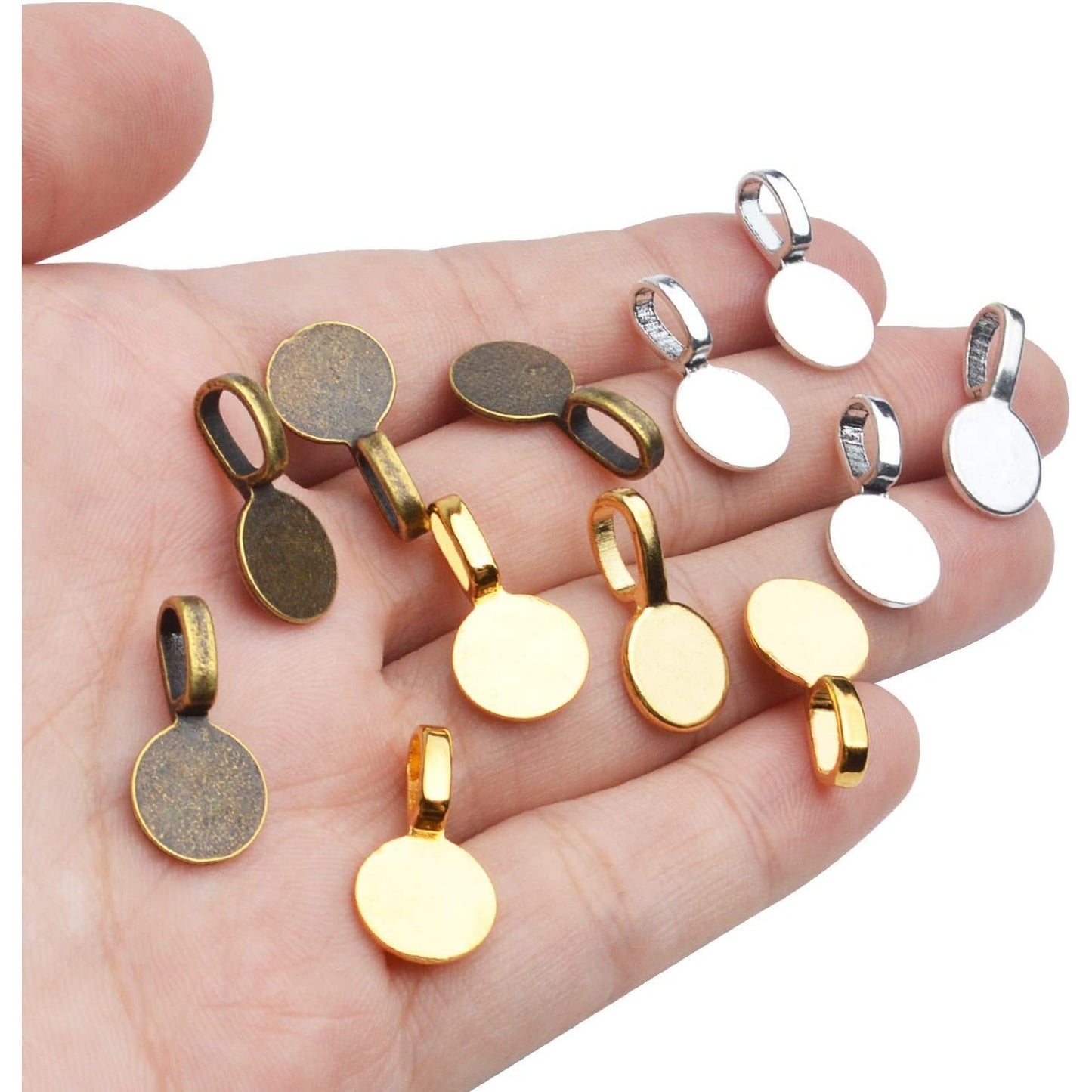 Tibetan Round Glue-on Bails Pendants, 150pcs Alloy Flat Pad Bails Pendant Cabochon Jewellery Findings Fit Necklace Bracelet Earring, 18x10mm, Golden, Silver, Bronze
