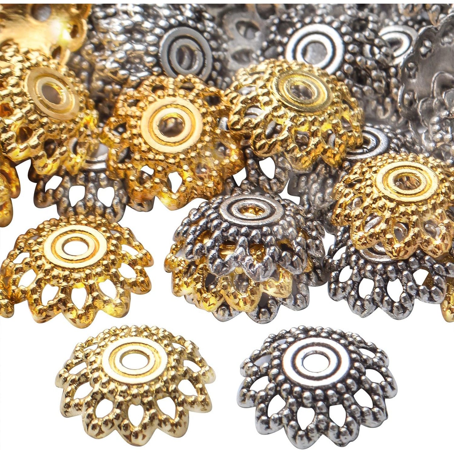 200pcs 12mm Flower Filigree Bead Caps Alloy Spacer Beads Caps Flower End Caps Loose Beads for Bracelet Necklace DIY Jewelry Making Crafts Supplies