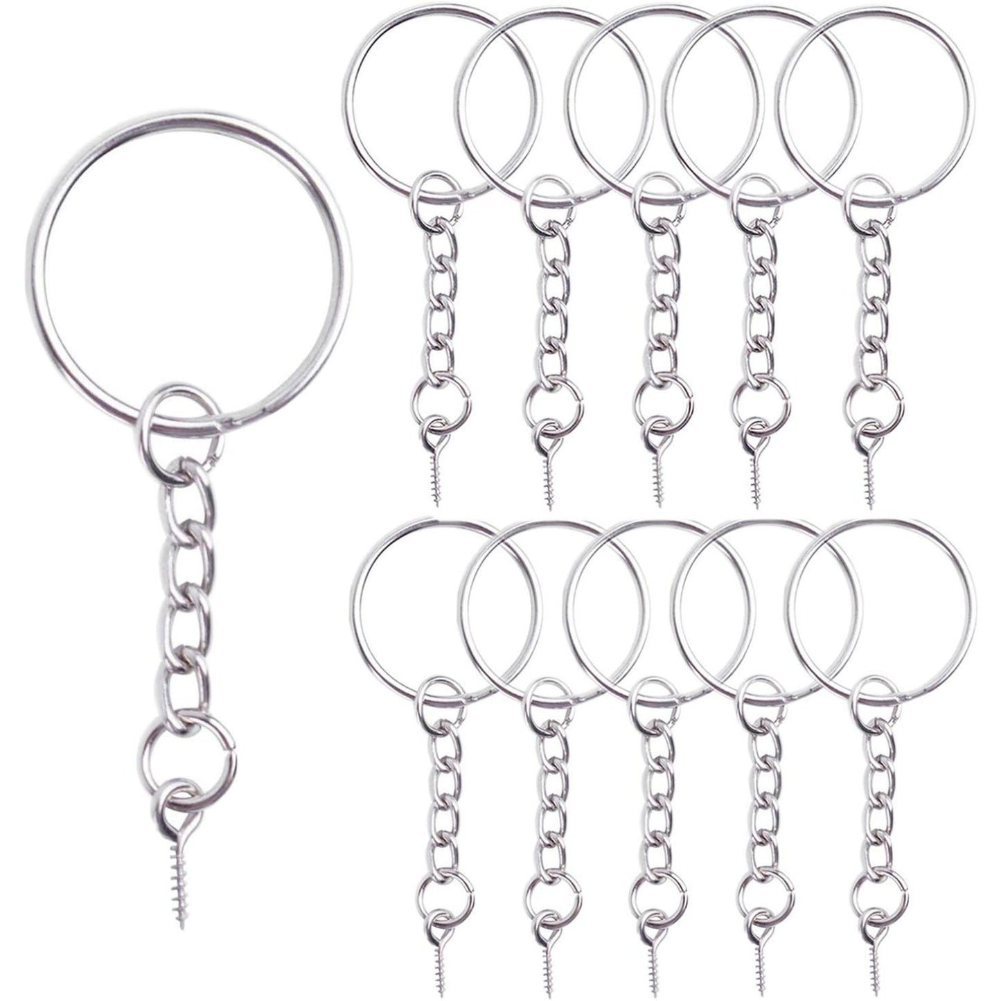 BronaGrand 50pcs 25mm Split Key Ring with Extend Chain and 12mm Screw Eye Pin for Craft Charm Making