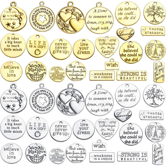 Words Pendant Charms, 46pcs Inspirational Words Charms Alloy Message Bead Pendants Accessory for DIY Necklace Bracelet Jewelry Making Crafting, Antique Golden and Silver