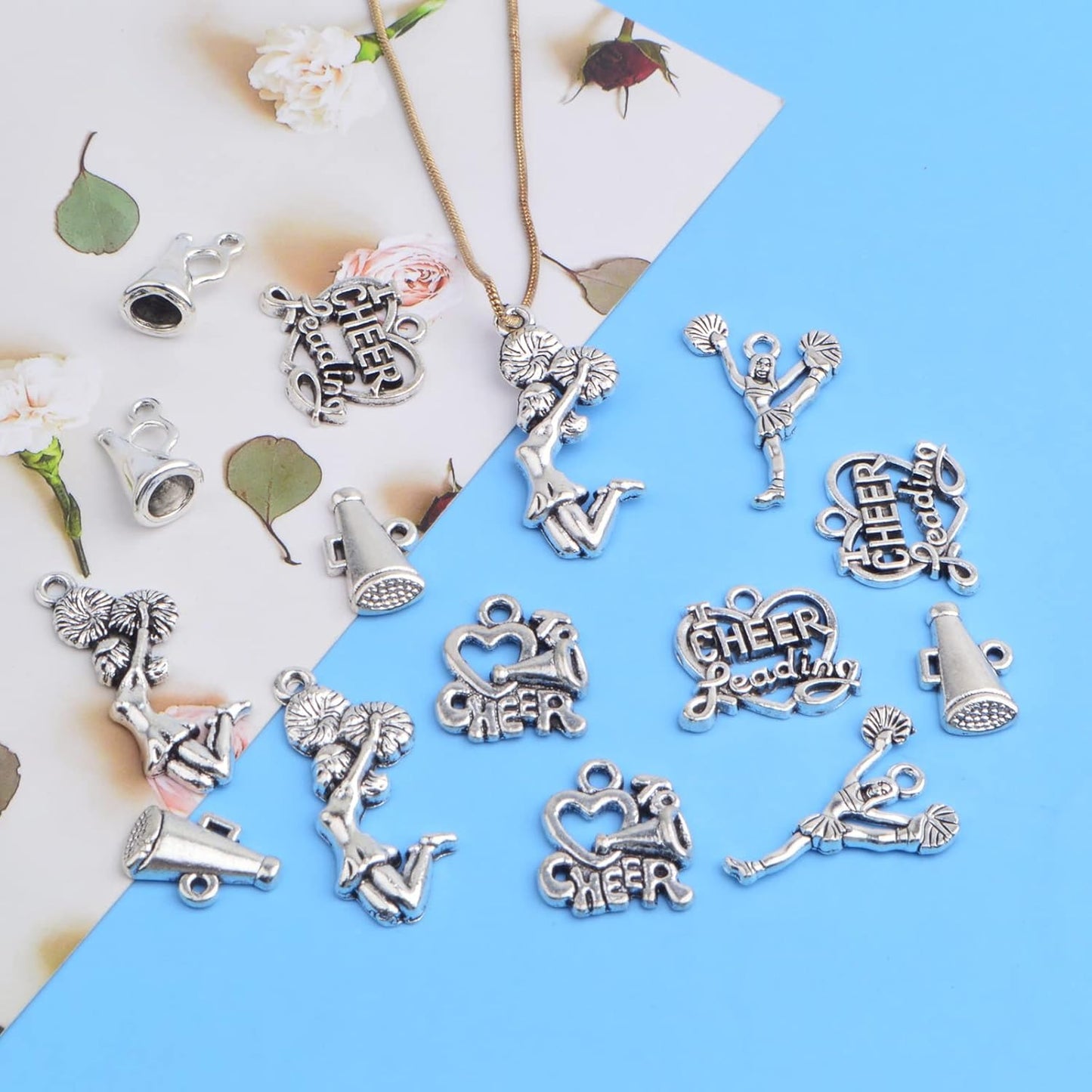 60pcs 6 Styles Antique Silver Cheerleading Theme Charms Tibetan Alloy Gymnastics School Sports Pendants Collection for DIY Necklace Bracelet Jewelry Making Supplies