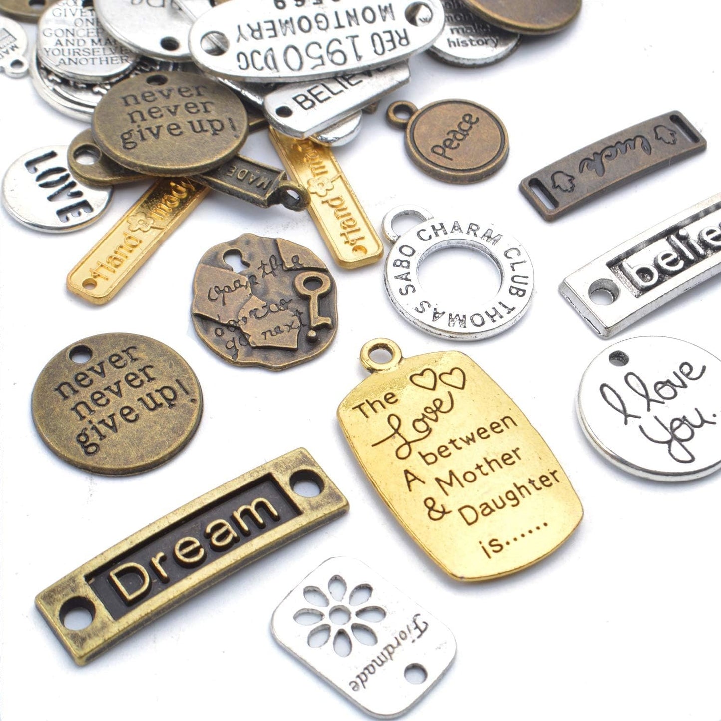 100g (About 30-45 Pieces) Mixed Inspiration Words Alloy Charms Antique Silver Pendant for Jewelry Making Crafting Necklace Bracelet DIY