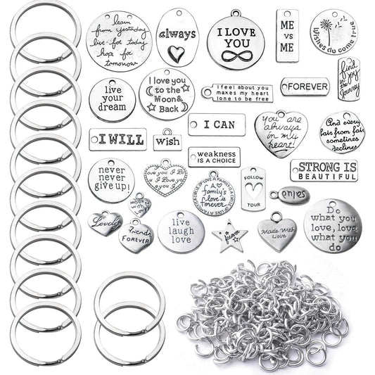 259pcs Metal Words Charms Inspirational Charms Jewelry Charm Pendants with Open Jump Rings Key Rings for DIY Jewelry Making Crafts Supplies