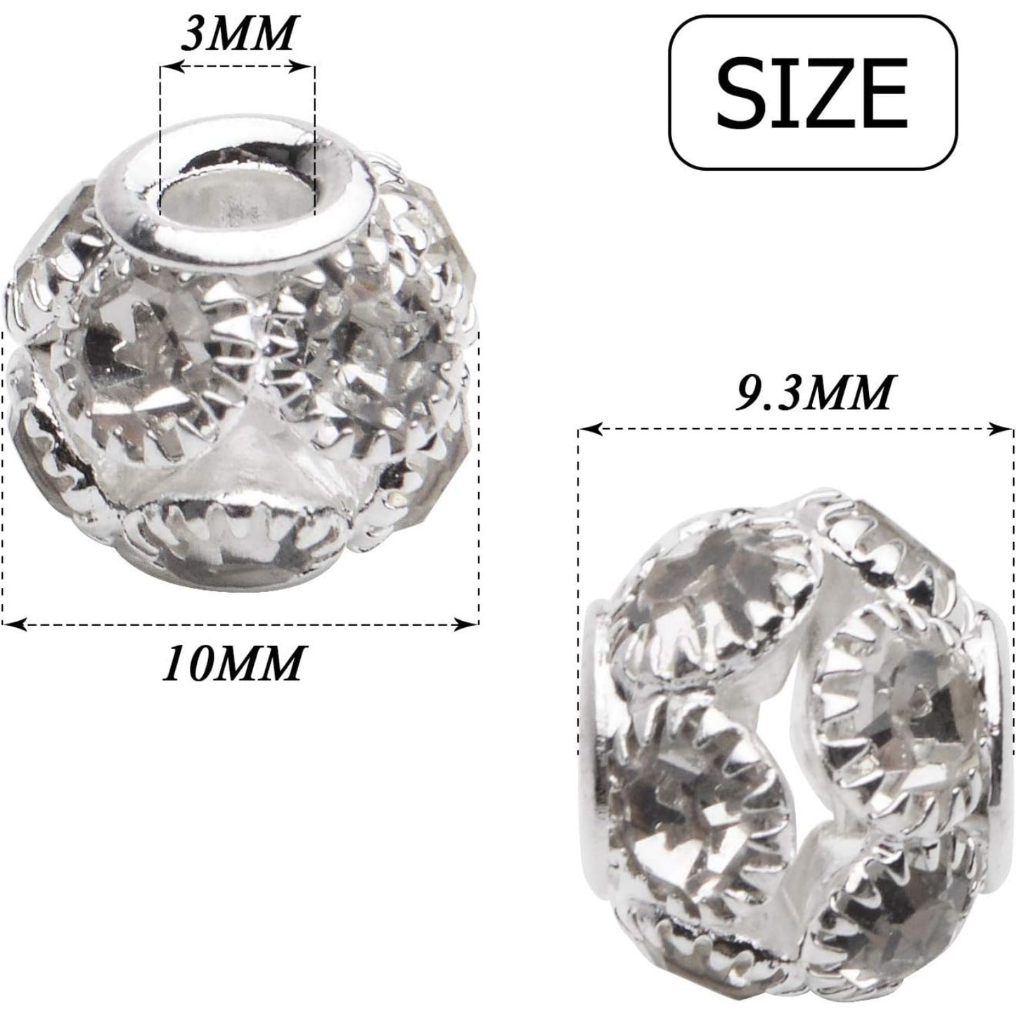 Rhinestone Spacer Beads, 30pcs 10mm Silver Rhinestone Pave Crystal Brass Beads European Rondelle Beads Round Spacer Beads for Bracelet Nacklace Jewelry Making Wedding Party Decoration
