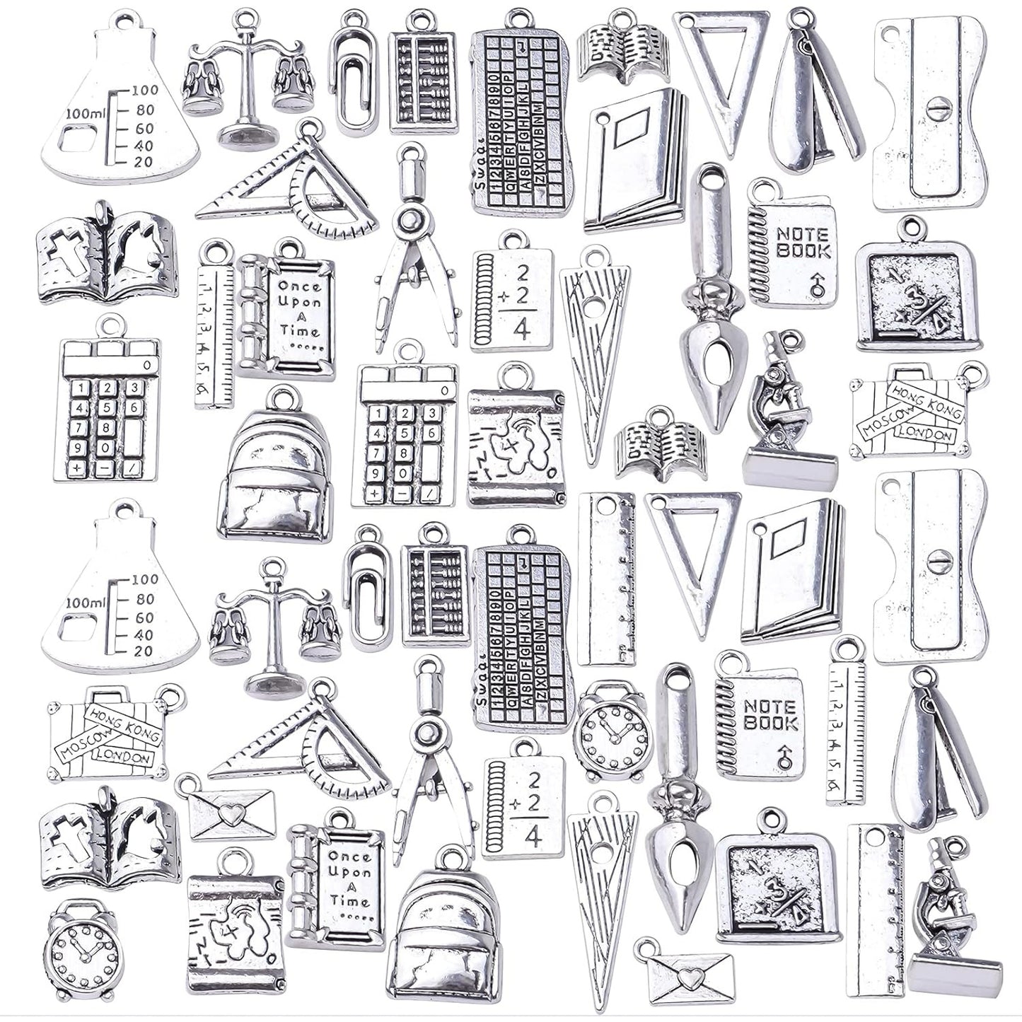 56pcs Mixed Styles School Theme Charms Tibetan Alloy Teacher Pendants Ruler Pen Books Calculator Compass Charms for DIY Bracelet Necklace Crafts Jewelry Making, Antique Silver