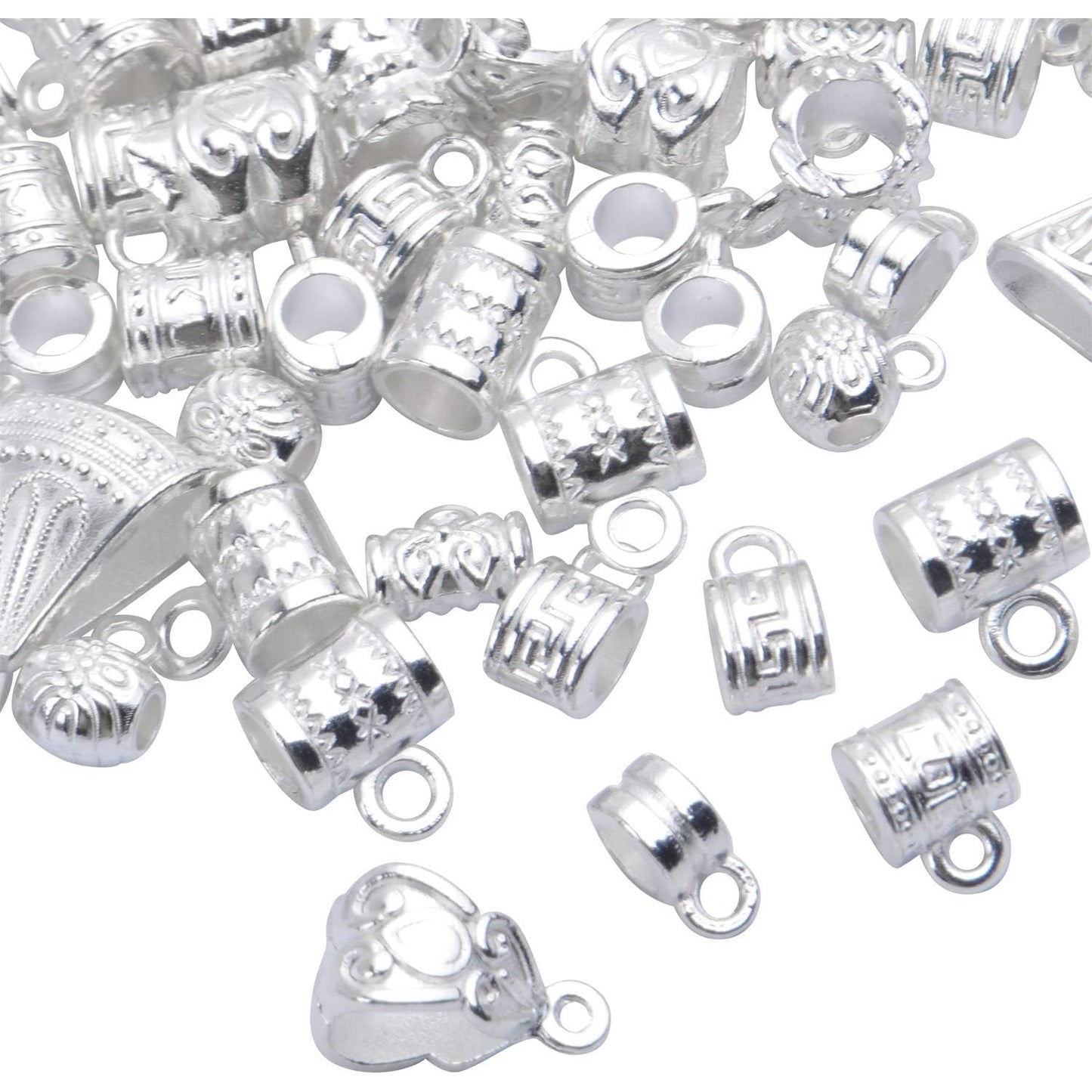 100g (About 120-170pcs) Mixed Bright Silver Bail Beads,Spacer Bead,Bail Tube Beads,Bracelet Charms,Necklace Pendants for Jewelry and Craft Making