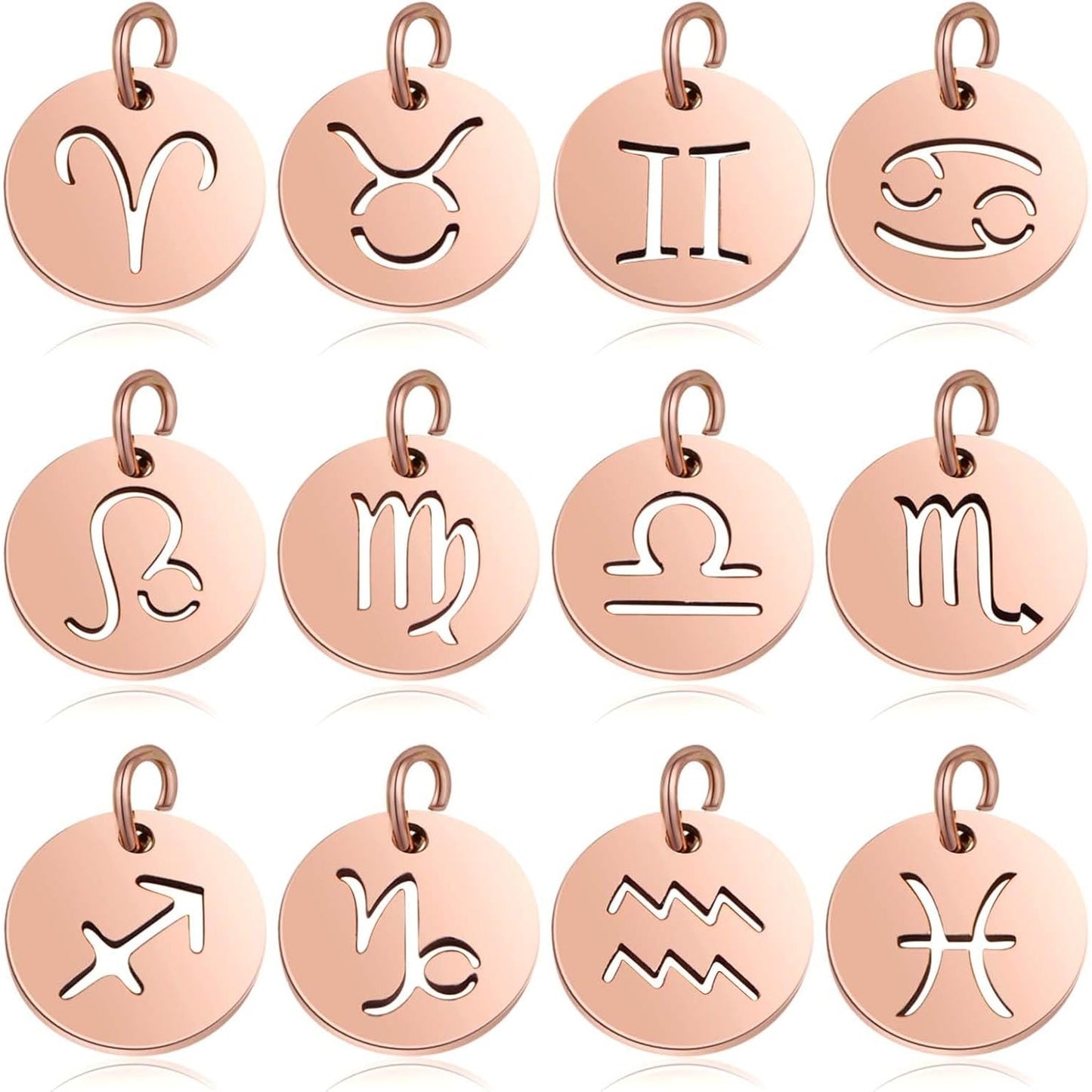 12pcs Stainless Steel Flat Round 12 Constellations Charms Hypoallergenic Zodiac Sign Pendants with Rings for DIY Necklaces Earrings Crafts Jewelry Making, Rose Golden