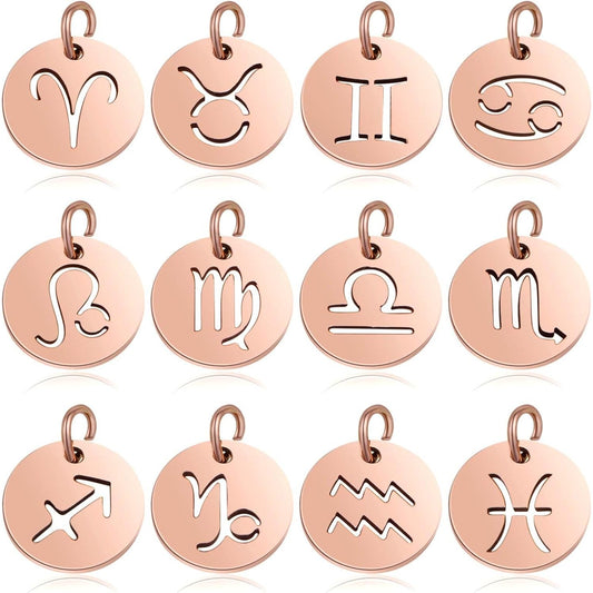 12pcs Stainless Steel Flat Round 12 Constellations Charms Hypoallergenic Zodiac Sign Pendants with Rings for DIY Necklaces Earrings Crafts Jewelry Making, Rose Golden