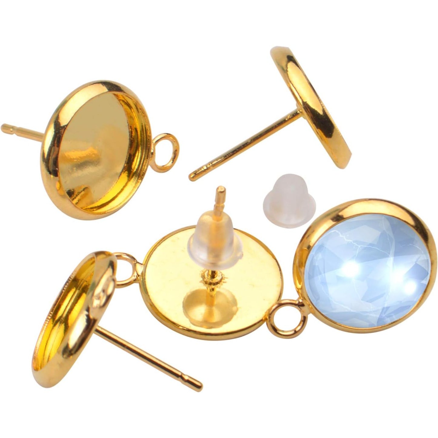 20 Pieces Cabochon Blank Earring Studs 10mm Ear Post and 20 Pieces Silicone Clear Ear Back for Earring Making (Gold)