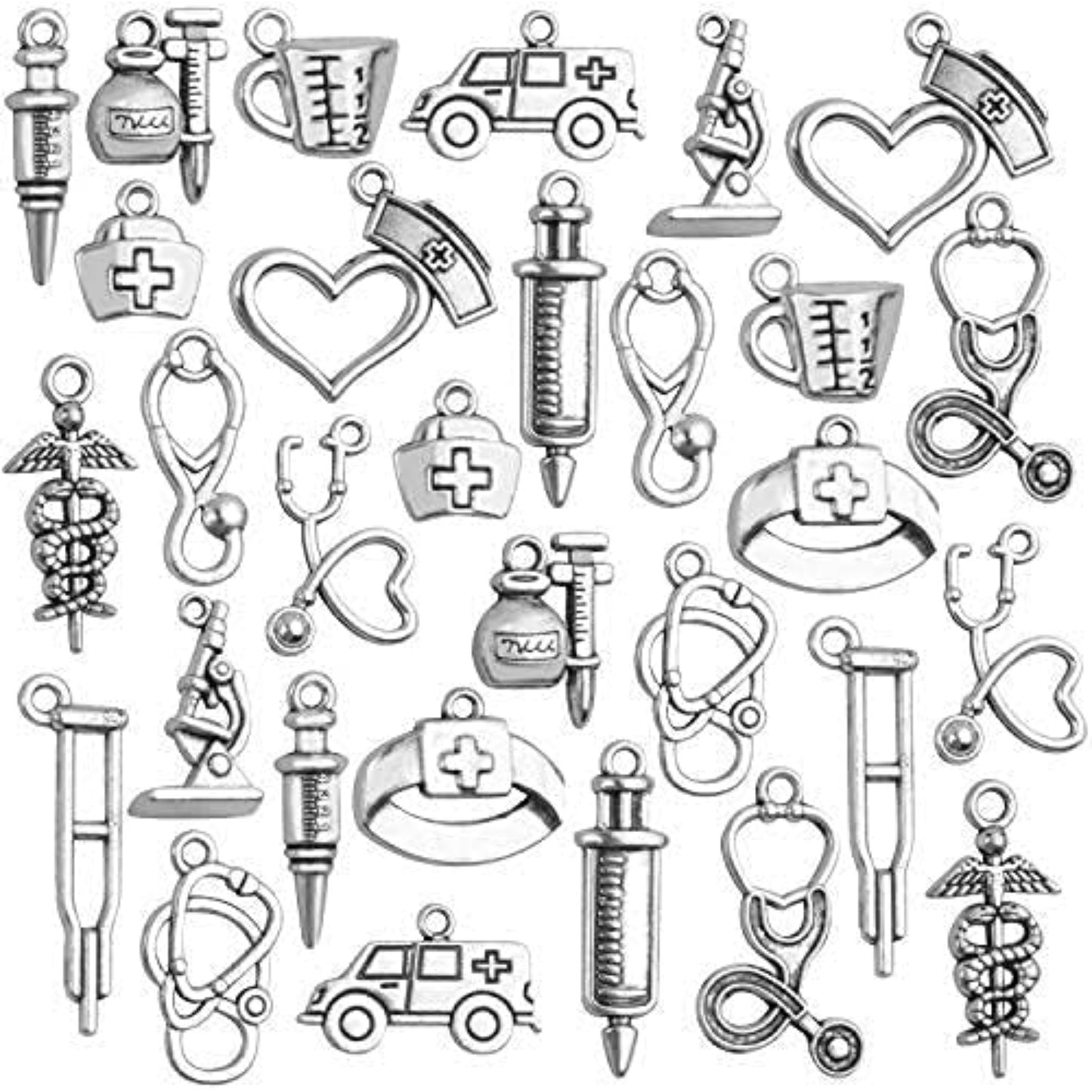 75pcs Antique Silver Medical Nurse Charms Stethoscope Ambulance Syringe Nurse Cap Hat Pendants Medical Theme Charms Craft Supplies for DIY Necklace Jewelry Making Accessory