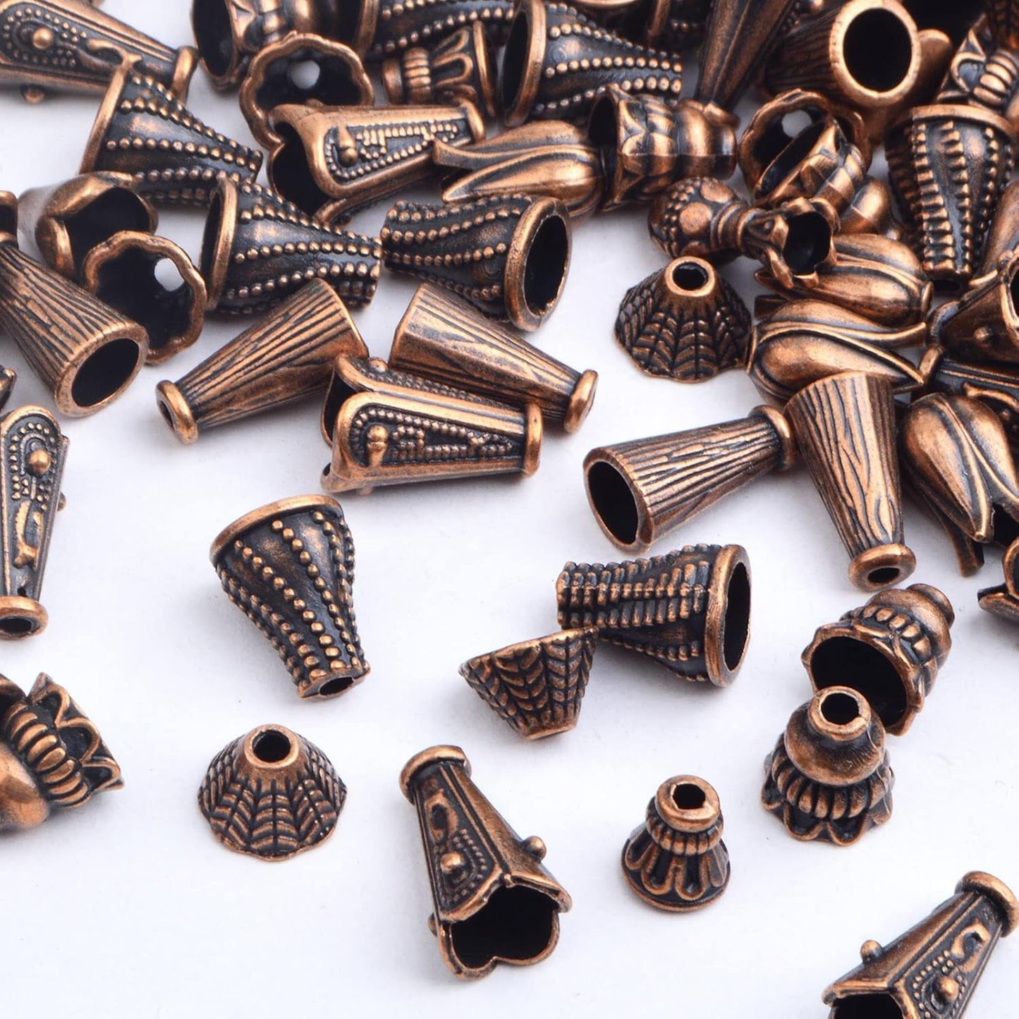 100 Gram (About 110-150pcs) Mixed Styles Bead Caps Vintage Alloy Flower Spacer Beads Tassel Cone Bead Caps Accessories for DIY Bracelet Necklace Jewelry Making, Antique Copper