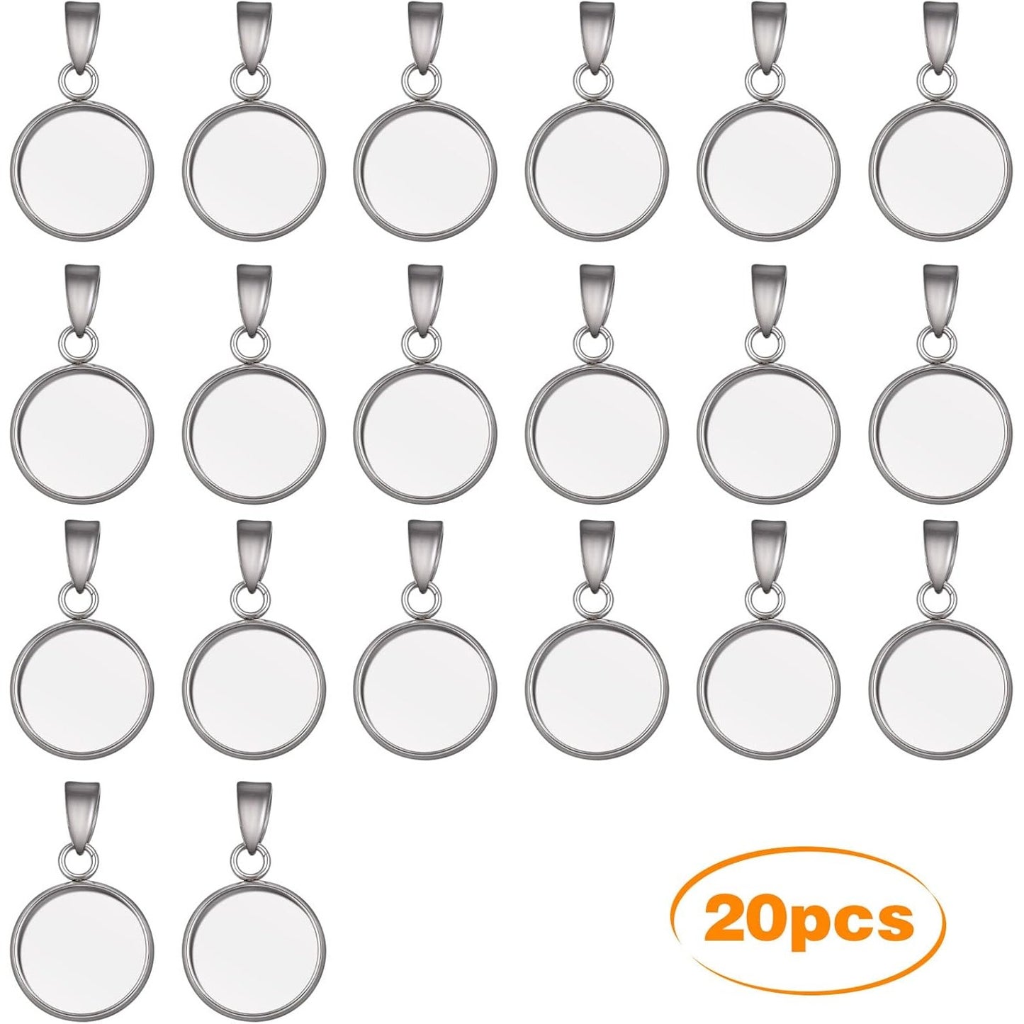 20pcs Stainless Steel Round Blank Bezel Pendant Trays with Pinch Clasp Buckle Base Cabochon Settings Charms Fit 12 mm for DIY Jewelry Making Cameo Photo Resin Crafts