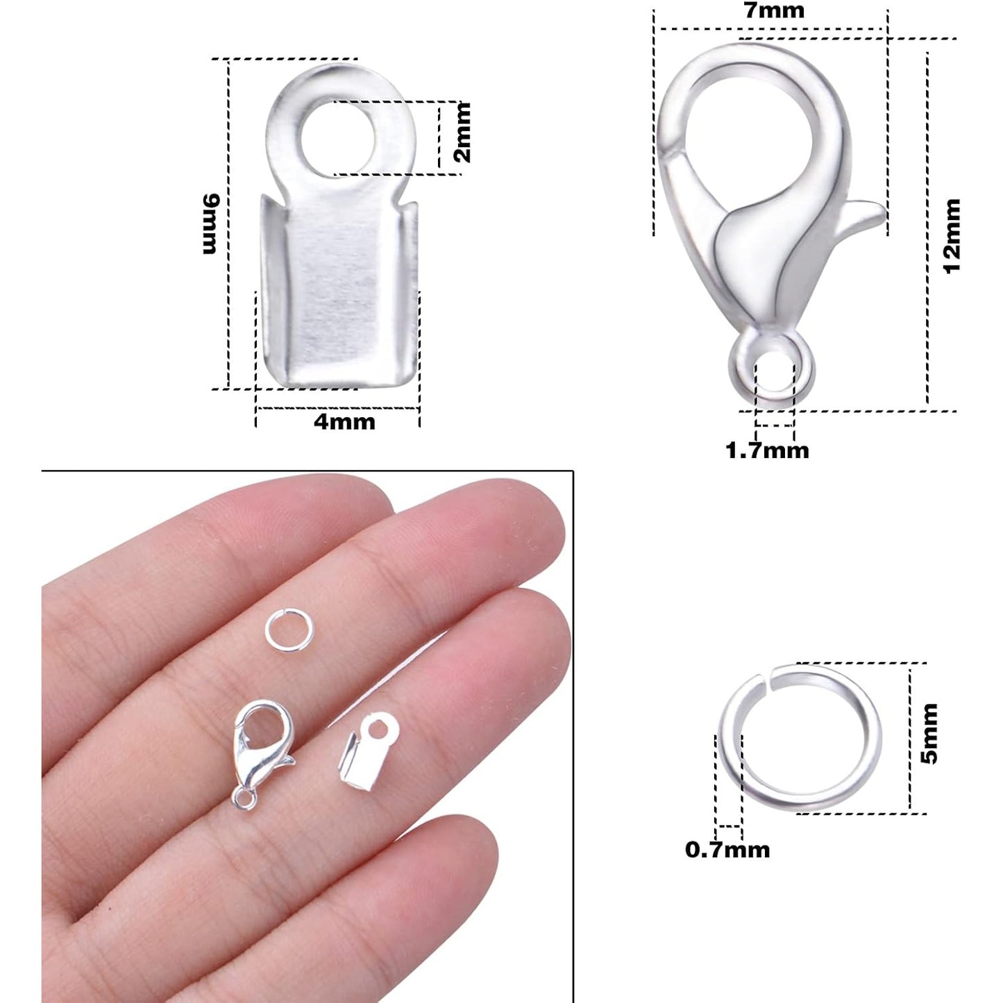 500pcs Silver Jewelry Making Accessories Kit, 200pcs Fold Over Cord End Caps Crimp End Tips, 200pcs Open Jump Rings and 100pcs Lobster Claw Clasps for Leather Ribbon Jewelry Making Findings