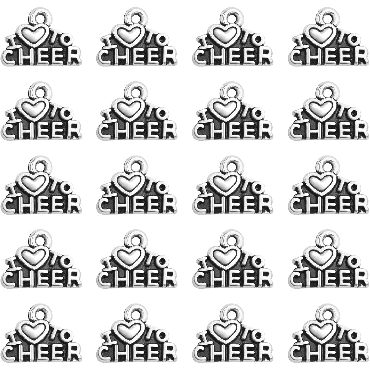 100pcs Antique Silver I Love to Cheer Charms Vintage Alloy Love Cheer Pendants Sport Cheerleader Dangle Charms for DIY Necklace Bracelet Jewelry Supplies Cheerleading Gifts