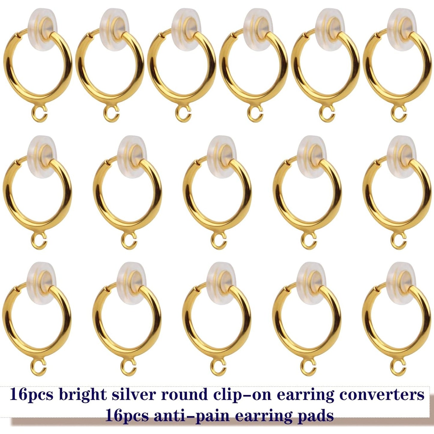 16pcs Brass Clip-on Hoop Earring Converters Round Dangle Ear Clips Classic Earring Findings with Open Loop for Non-Pierced Ears Jewelry Making, Bright Silver