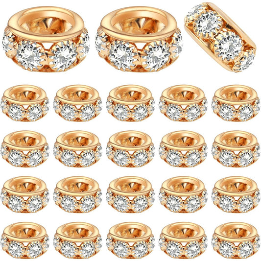 40pcs 12mm Rhinestone European Spacer Beads Diamond Crystal Charm Beads Rondelle Loose Beads with 8mm Large Hole for DIY Bracelet Crafts Jewelry Making, KC Golden