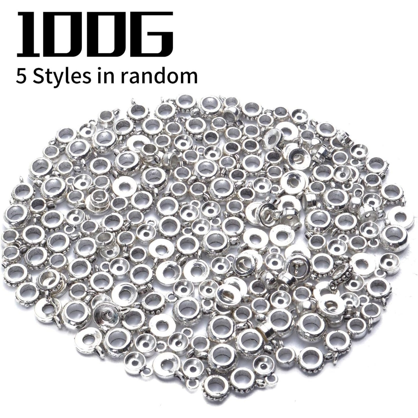 100g (About 100-150pcs) Tibetan Silver Bail Beads Jewelry Connector Bails Beads for Necklace Bracelet Jewelry Making,5 Styles