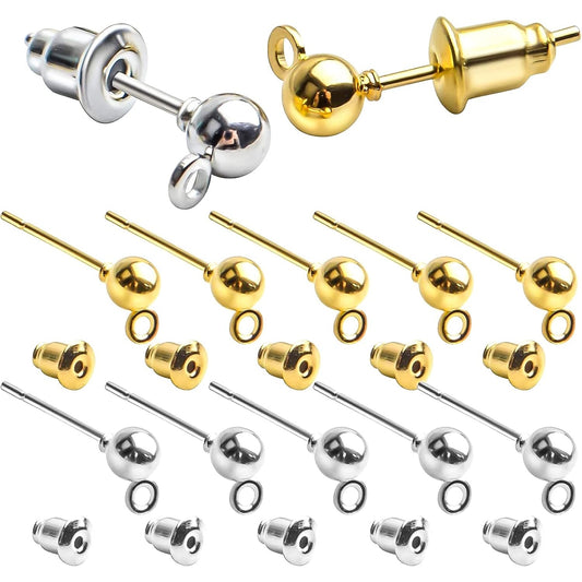 Earring Posts and Backs,100pcs Stud Earrings Posts Components Ball Earring Studs with Loop and 100pcs Bullet Earring Backs for DIY Jewelry Crafts,2 Colors