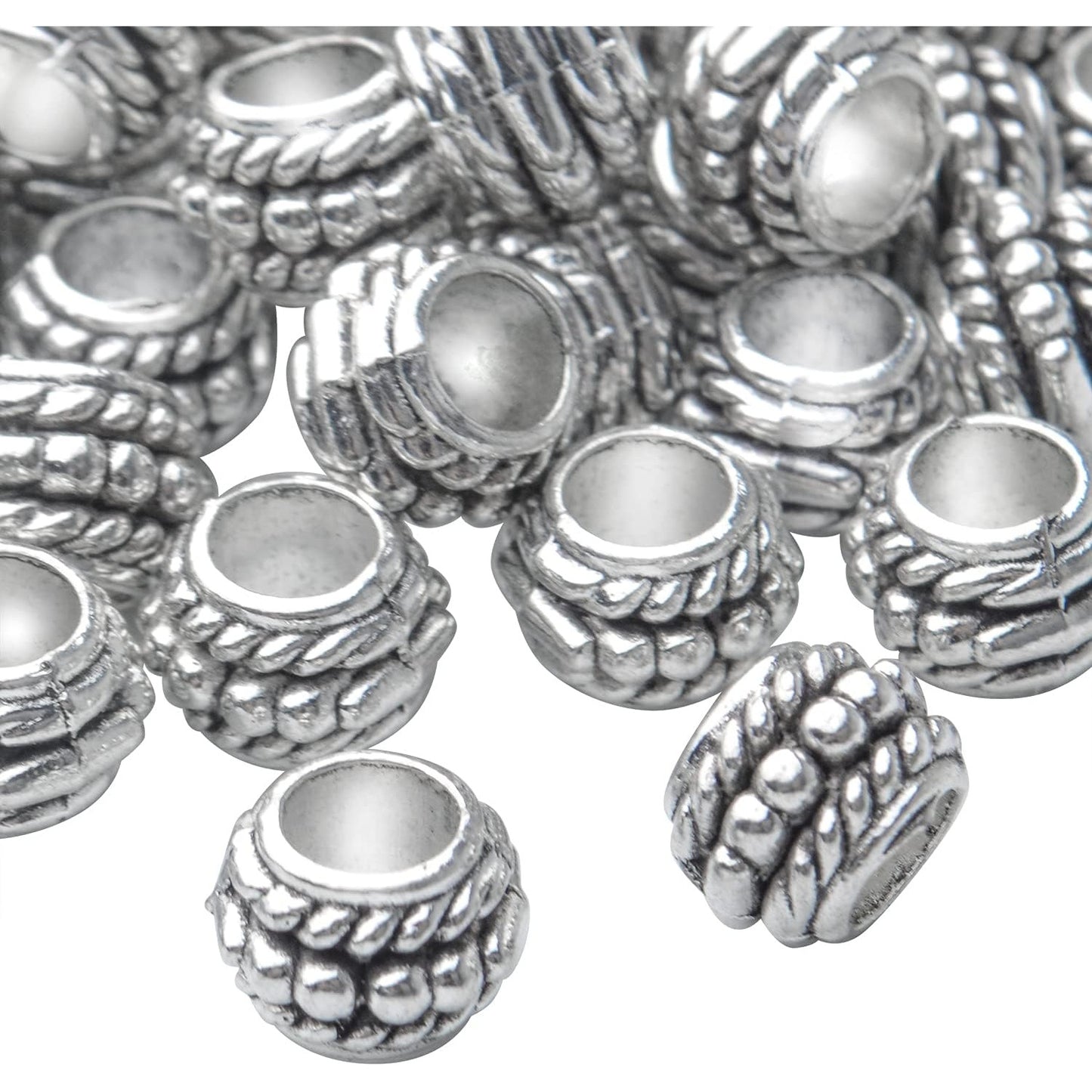 100pcs Tibetan Antique Silver Large Hole Spacer Beads Alloy European Rondelle Beads Spacers Loose Spacers Jewelry Bead Charms for DIY Jewelry Crafts Making(8×6mm, Hole:4.5mm)