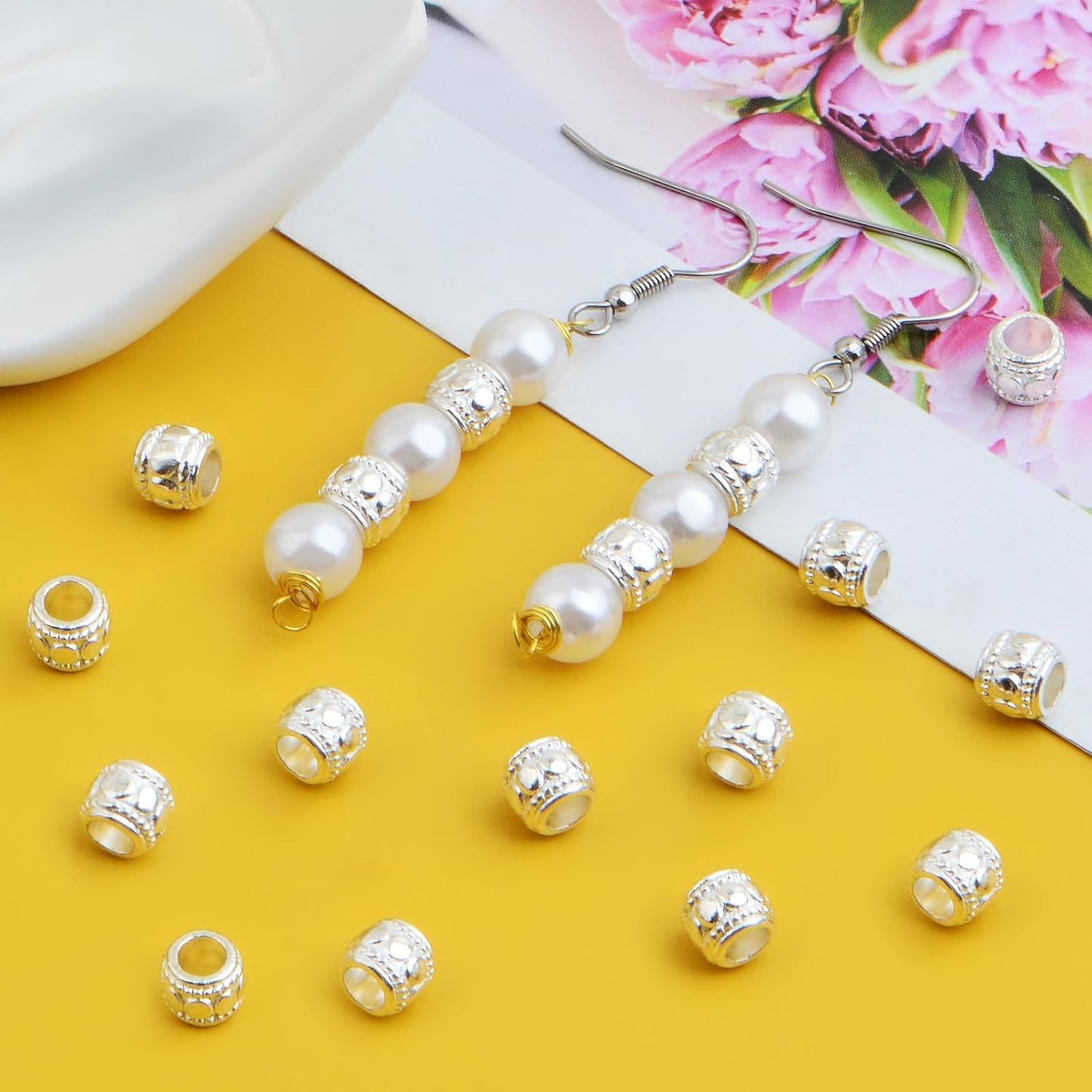 100pcs Alloy Round Column Spacer Beads Large Hole (4 mm) Tube Loose Beads Bulk Metal Spacers Craft Supplies for DIY European Bracelet Necklace Earrings Jewelry Making, Bright Silver