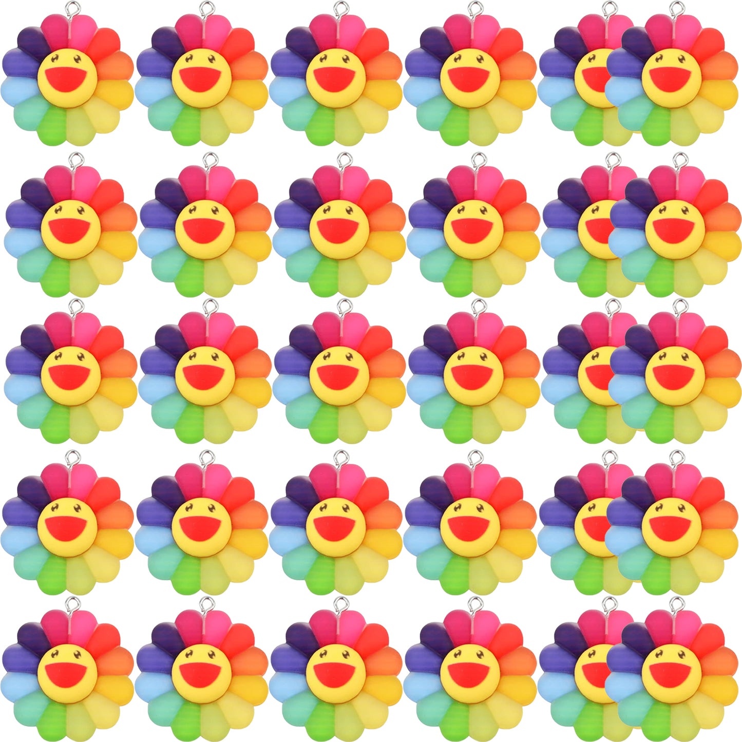 30pcs Colorful Smiley Face Sunflower Charms Matte Resin Rainbow Sun Flower Dangle Pendants Collection Crafts for DIY Bracelet Necklace Earring Jewelry Making, 3 Sizes
