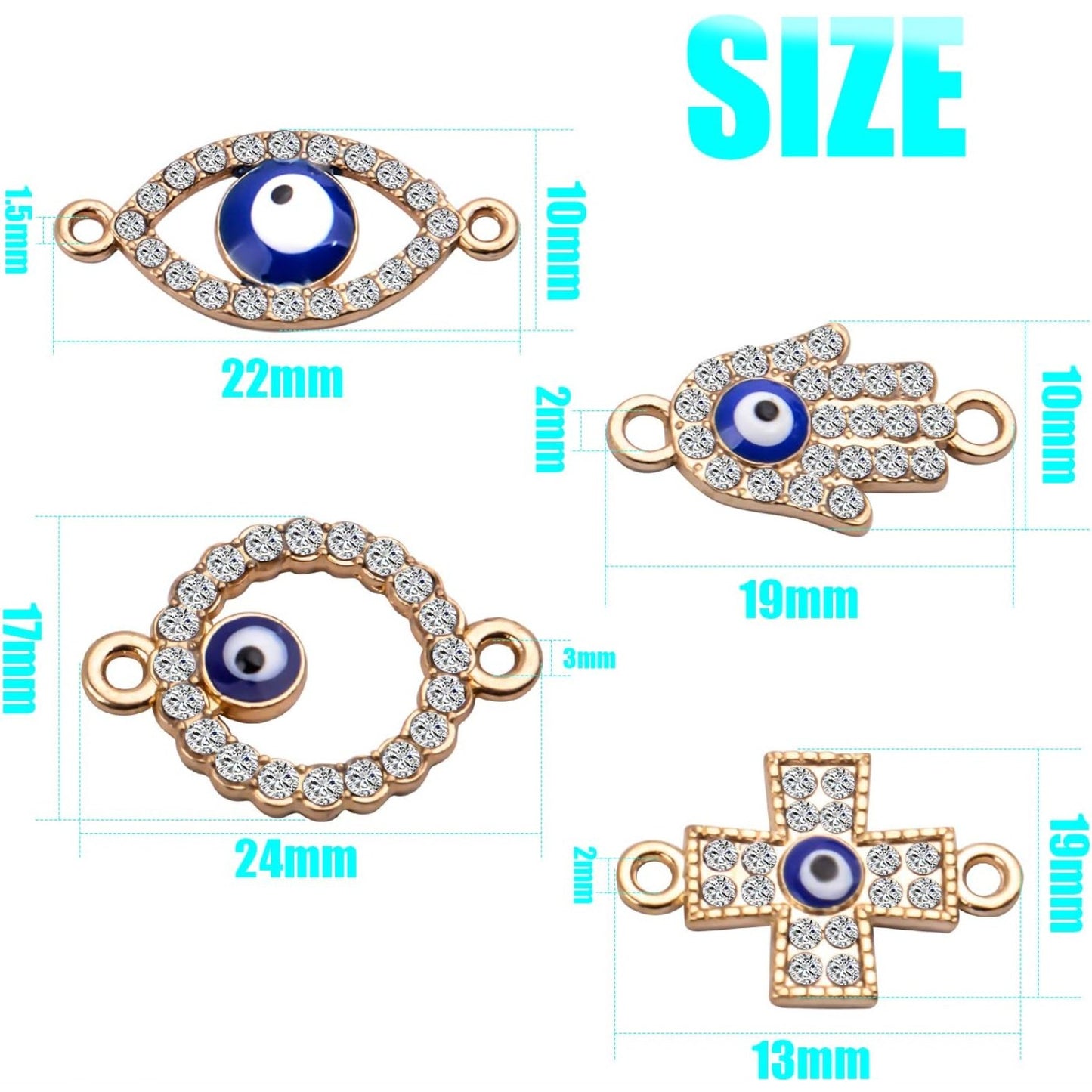 40pcs Evil Eye Connectors Pendants Bracelet Rhinestone Connector Bead Charms Round Cross Hand Eye Forms for Bracelet Necklace Crafts DIY,Gold
