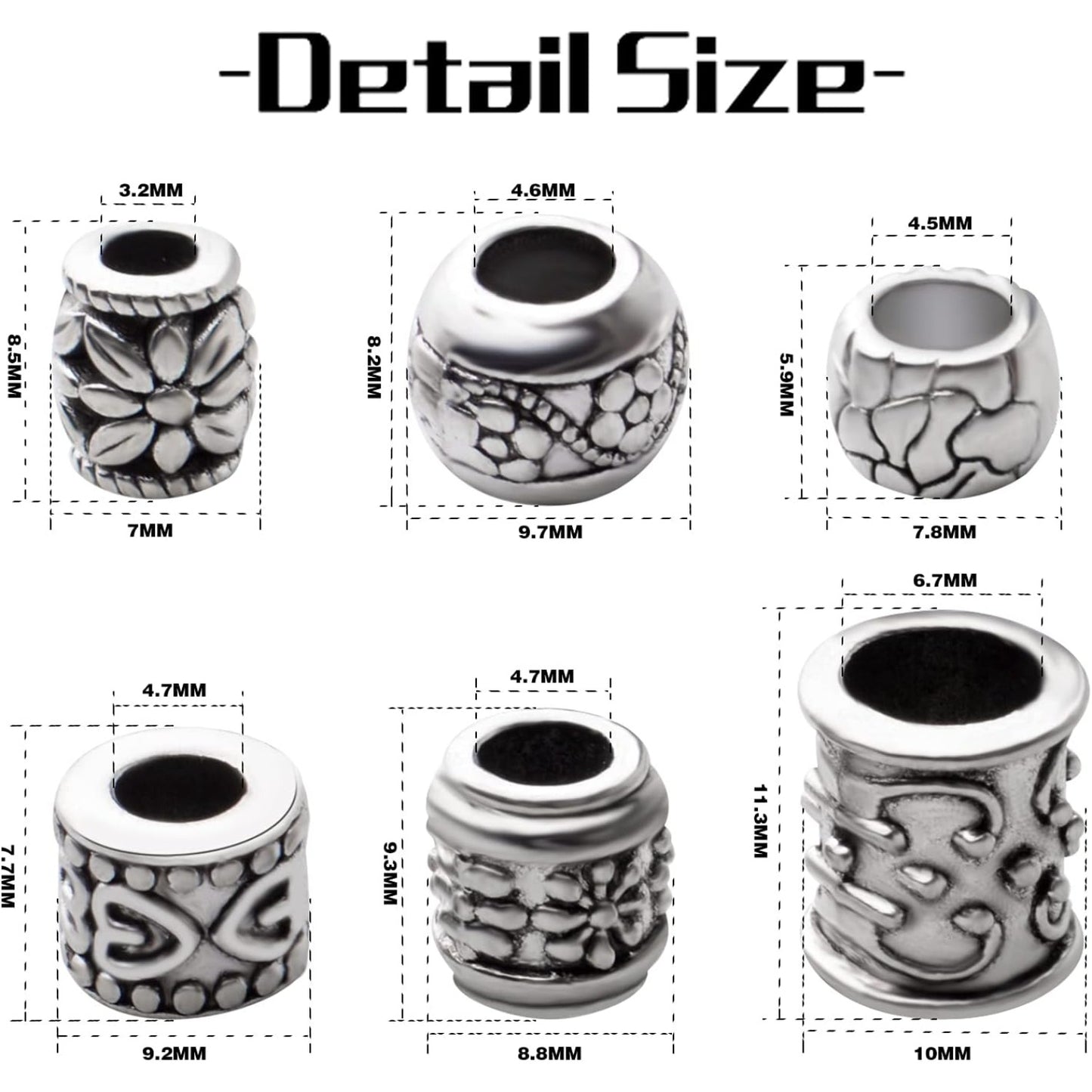 Large Hole Spacer Beads,100g Antique Silver Mixed Styles Tube Bead Spacers Tibetan Alloy Column Barrel Round Spacers Loose Beads for DIY Jewelry Bracelet Crafts Making Supplies