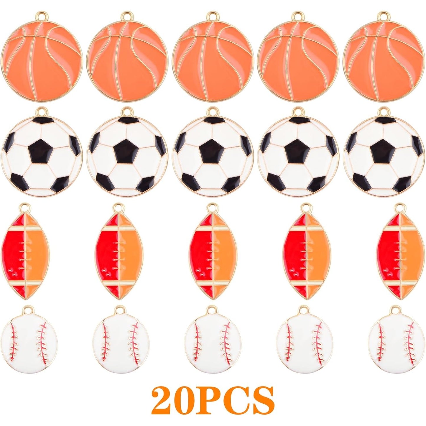 20pcs Enamel Sports Ball Charms Mixed Alloy Football Basketball Baseball Rugby Pendants Craft Supplies for DIY Necklace Bracelet Keychains Jewelry Making Decoration, 4 Styles