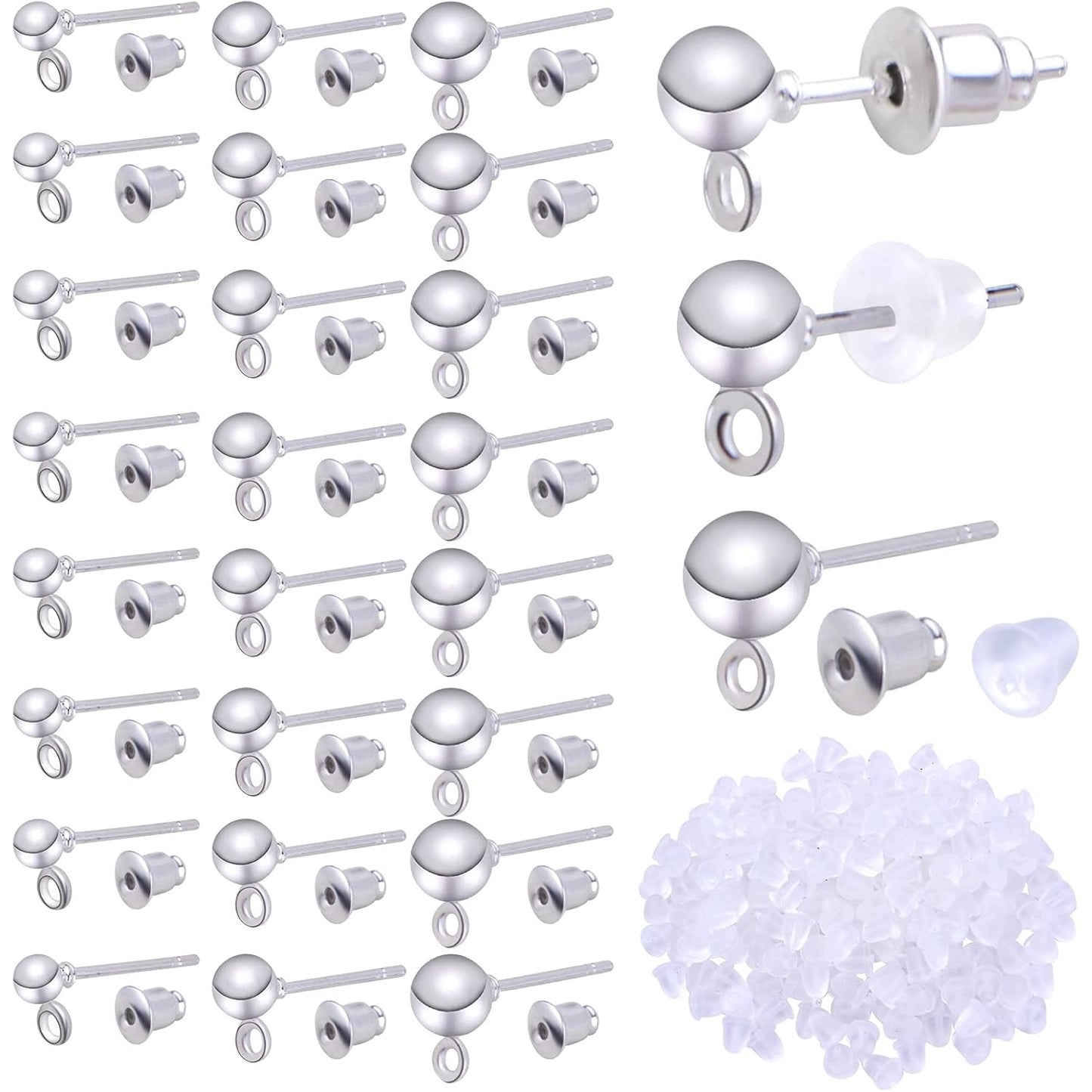Earring Making Kit,150pcs Ball Post Earring Studs with 150pcs Metal Earring Backs,200pcs Clear Bullet Earring Backs and 200pcs Open Jump Rings,Round Ball Ear Pin with Loop for DIY Earrings Supplies