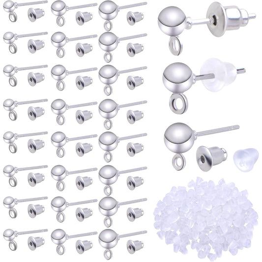 Earring Making Kit,150pcs Ball Post Earring Studs with 150pcs Metal Earring Backs,200pcs Clear Bullet Earring Backs and 200pcs Open Jump Rings,Round Ball Ear Pin with Loop for DIY Earrings Supplies