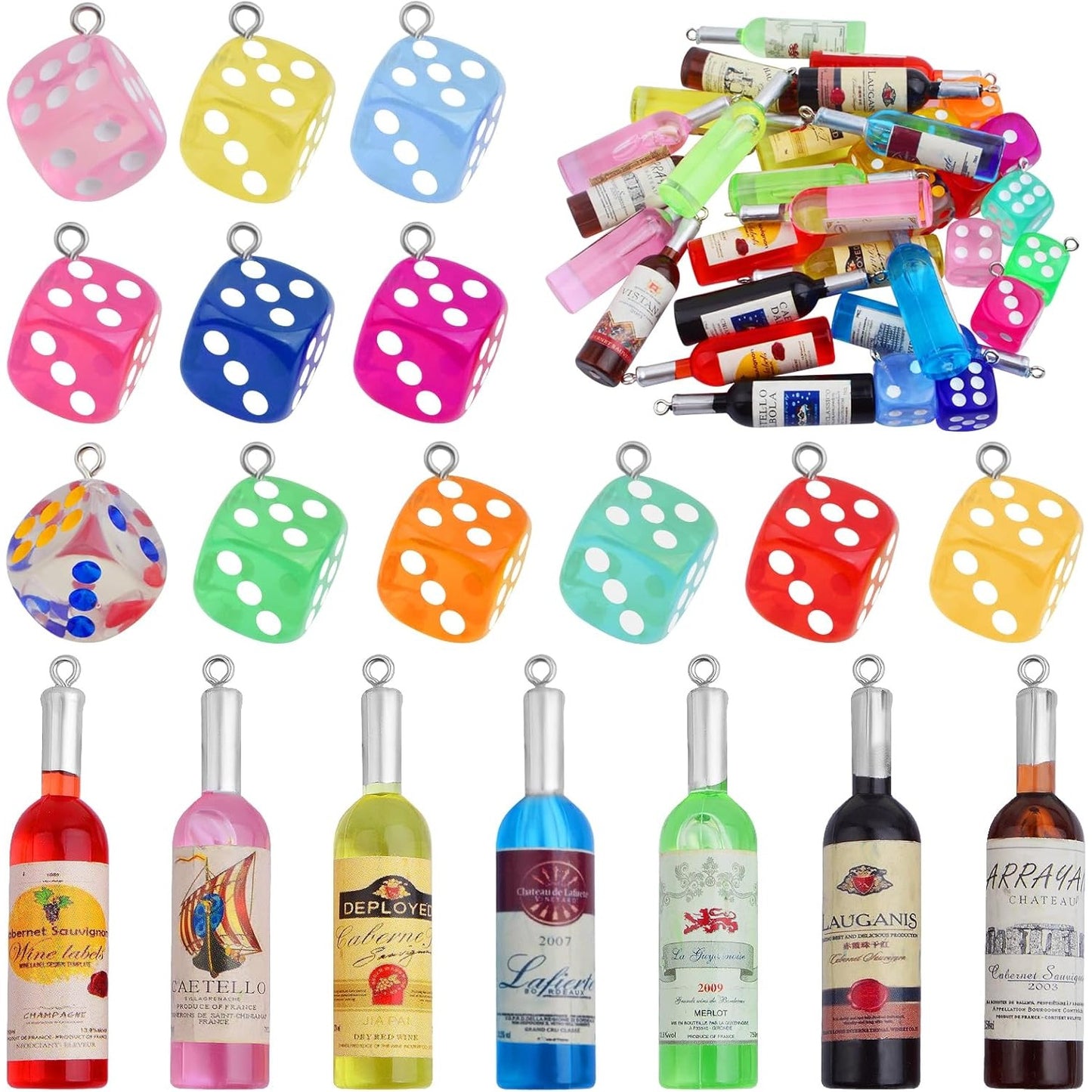 21pcs Resin Mini Wine Bottle Charms Plastic Random Colors Wine Bottles Label Pendants and 12pcs Clear Colorful Dice Dangle Charms for DIY Necklace Earrings Keychains Jewelry Making