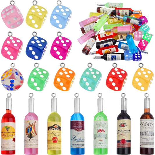 21pcs Resin Mini Wine Bottle Charms Plastic Random Colors Wine Bottles Label Pendants and 12pcs Clear Colorful Dice Dangle Charms for DIY Necklace Earrings Keychains Jewelry Making
