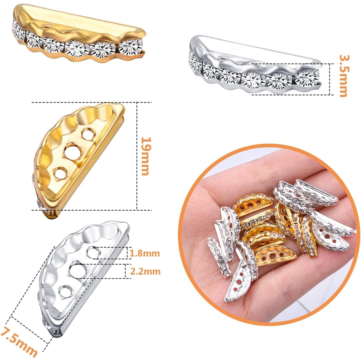 100pcs Rhinestone Spacer Bar Beads 3 Holes Alloy Half Round Crystal Spacers Link Connectors Beads for DIY Multi Strand Bracelet Crafts Jewelry Making, Gold and Silver, 19 mm x 7.5 mm