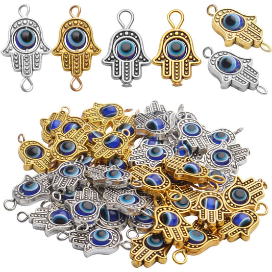 Hamsa Hand Beads Charms, 40pcs Antique Blue Evil Eye Beads Fashion Connectors Pendants Fatima Symbol Charms for DIY Necklace Bracelet Jewelry Making