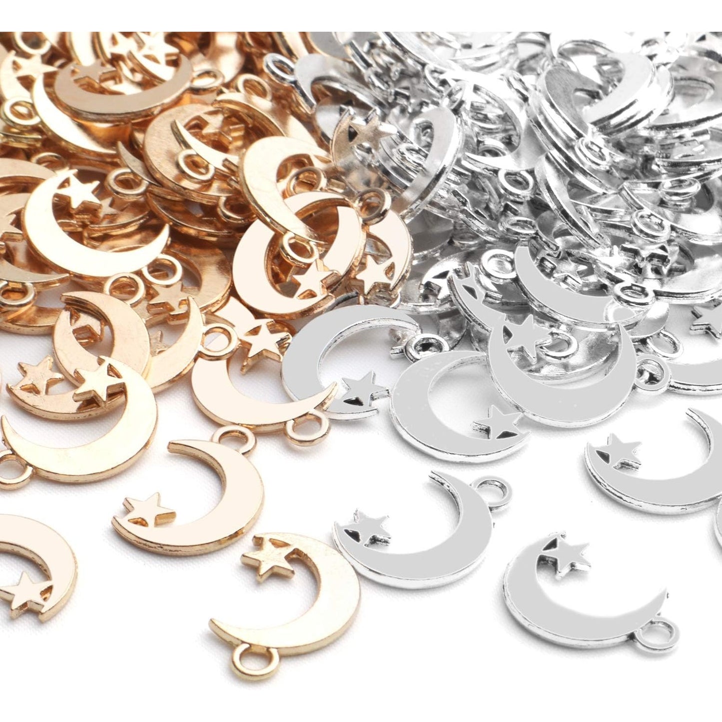 200pcs Crescent Moon and Star Charms Pendants Alloy Jewelry Findings for Crafting Making Earrings Necklace Bracelets,Gold and Silver